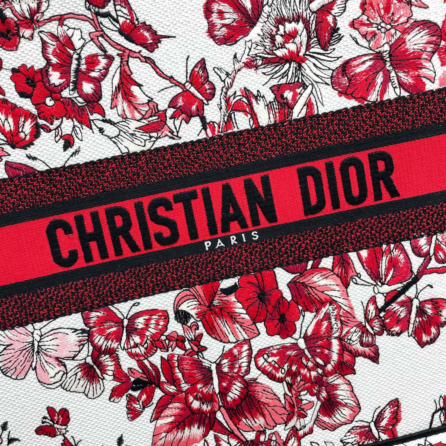 Christian Dior Small Book Tote - Red and White Butterfly Floral Canvas Handbag