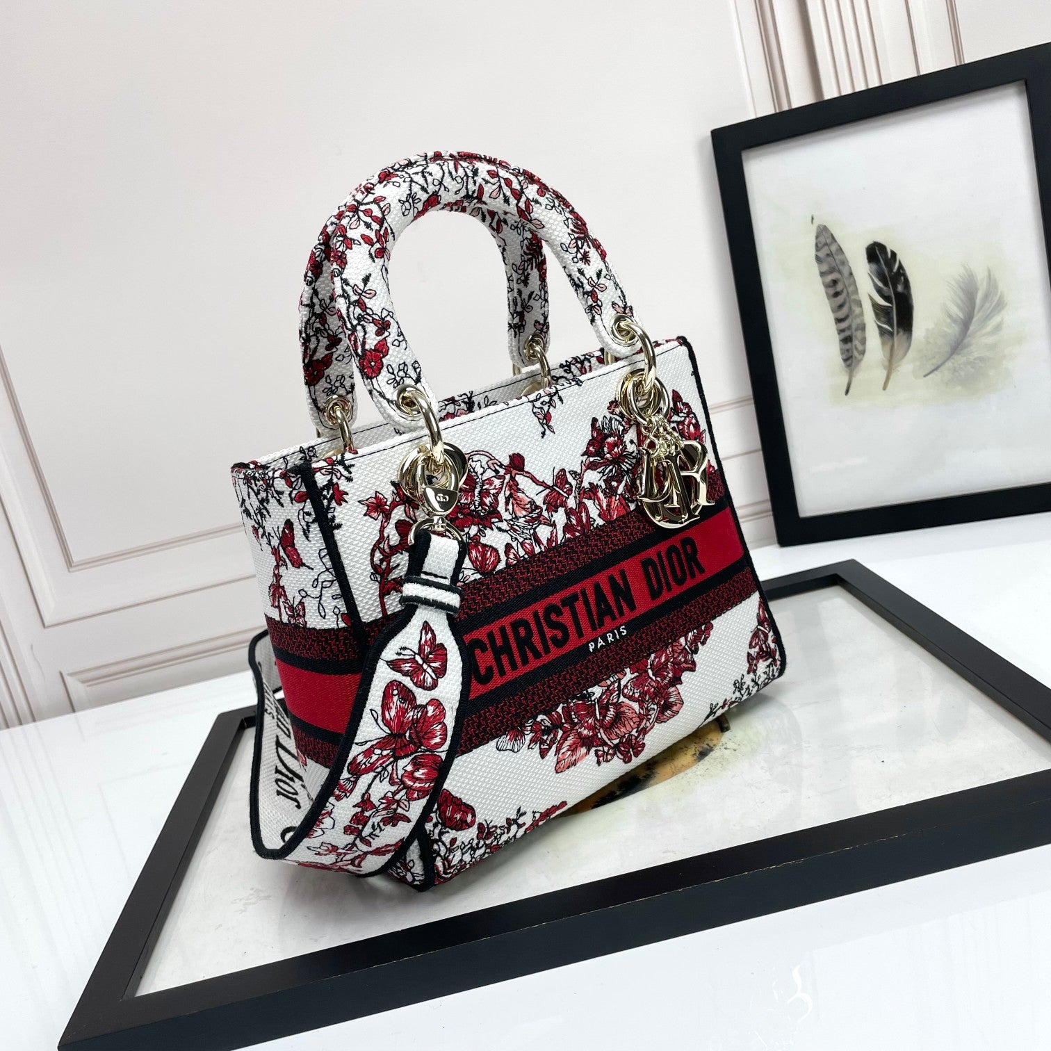 Christian Dior Lady D-Lite Bag - Red and White Butterfly Embroidered Canvas