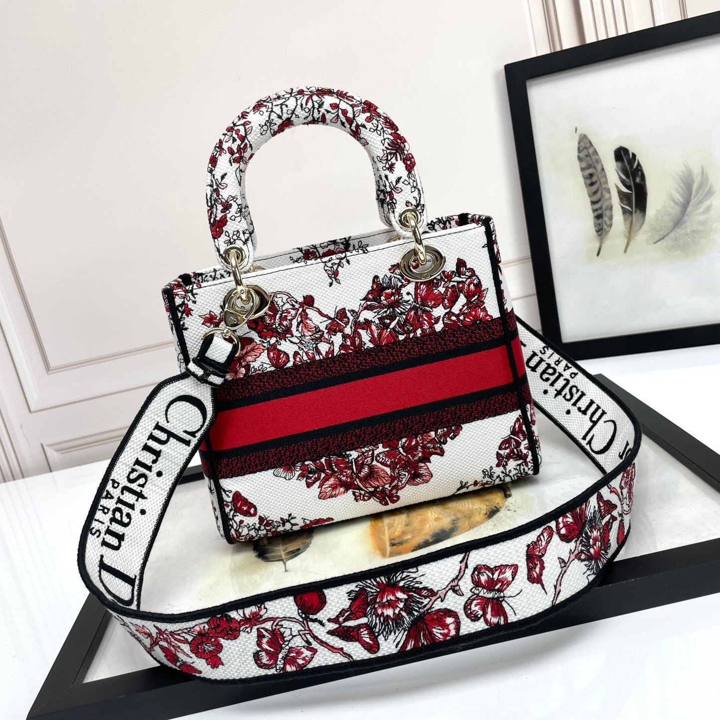 Christian Dior Lady D-Lite Bag - Red and White Butterfly Embroidered Canvas