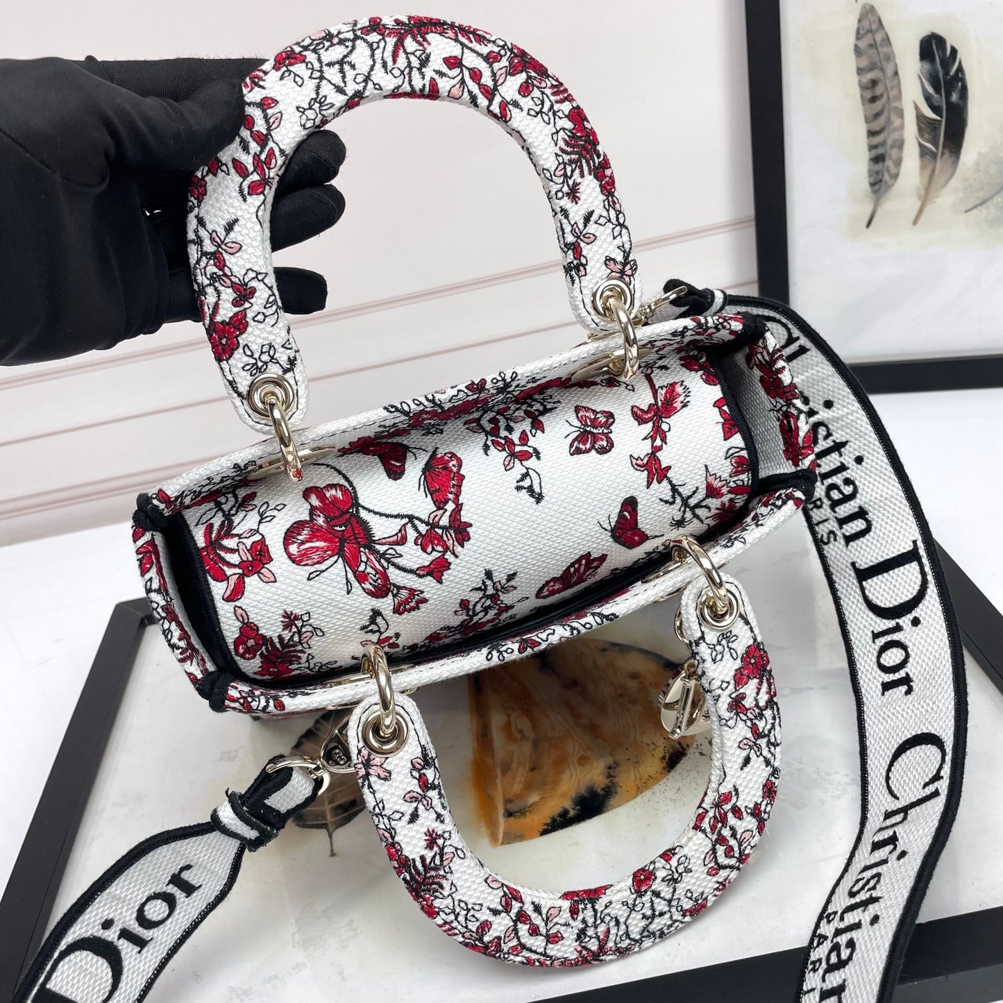 Christian Dior Lady D-Lite Handbag - Red and White Butterfly Embroidery