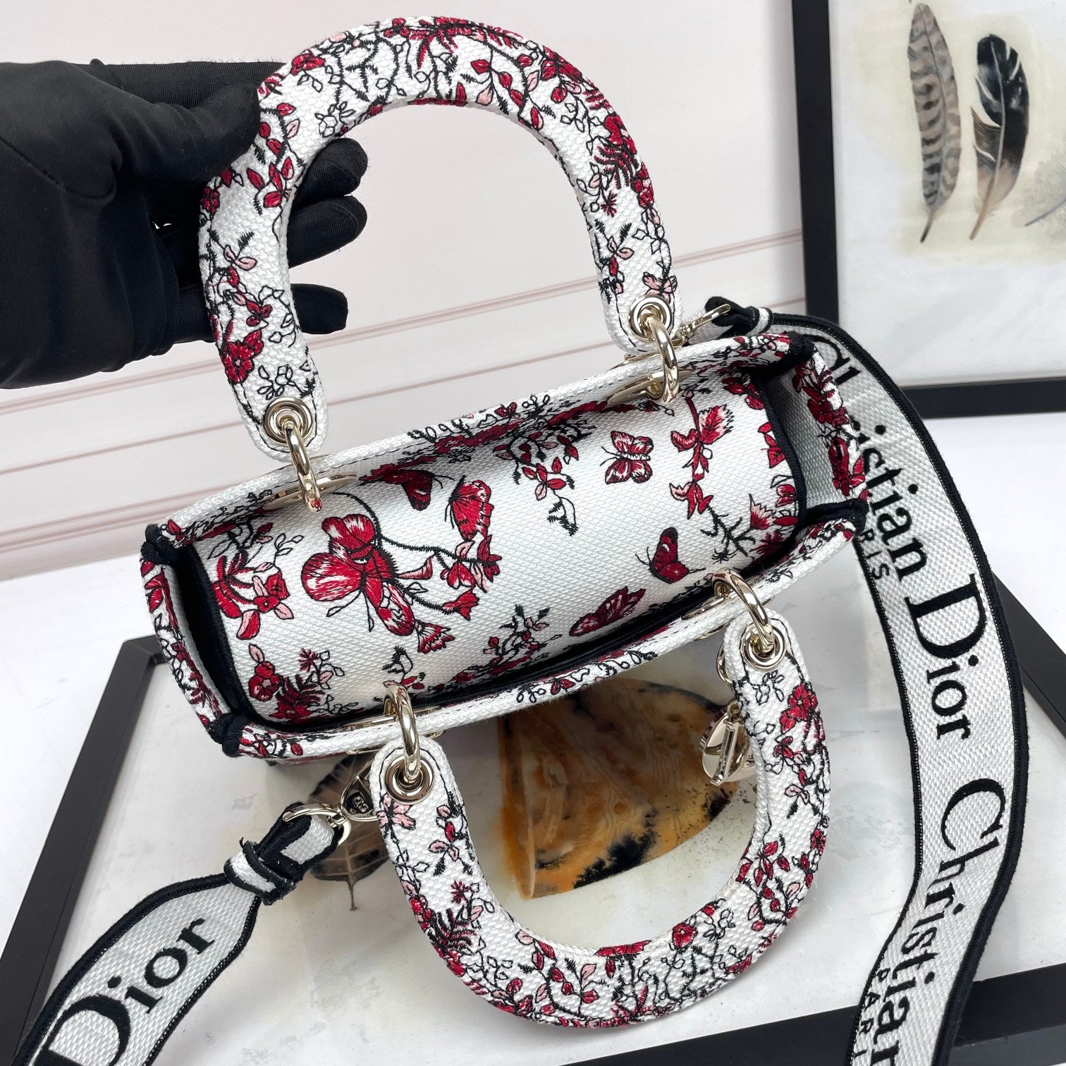 Christian Dior Lady D-Lite Bag - Red and White Butterfly Embroidered Canvas