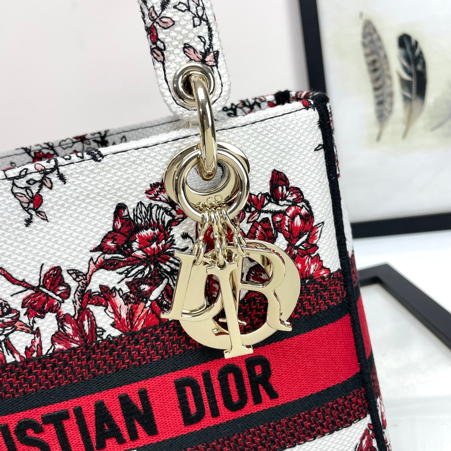 Christian Dior Lady D-Lite Bag - Red and White Butterfly Embroidered Canvas