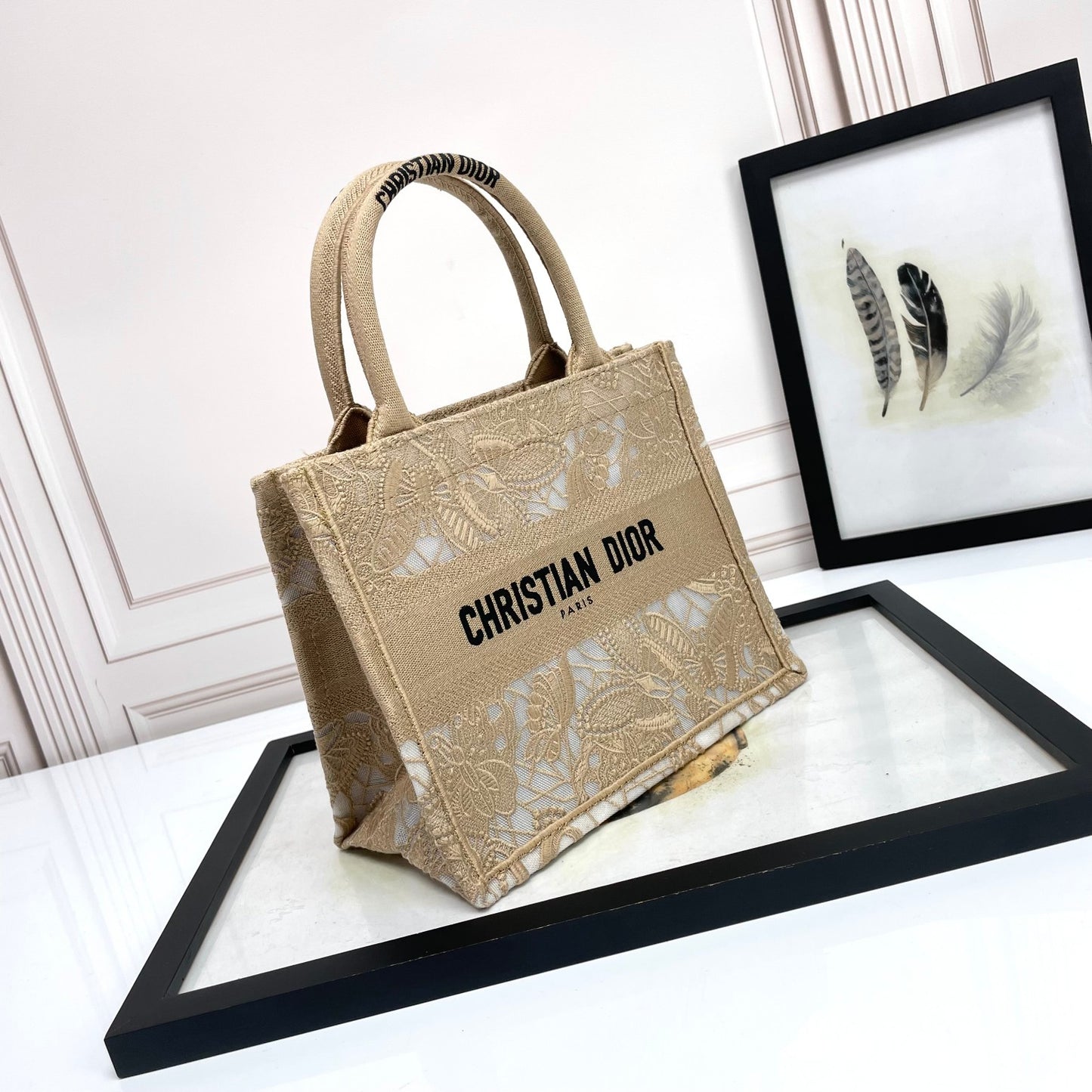Christian Dior Small Book Tote Bag in Beige Lace Embroidery
