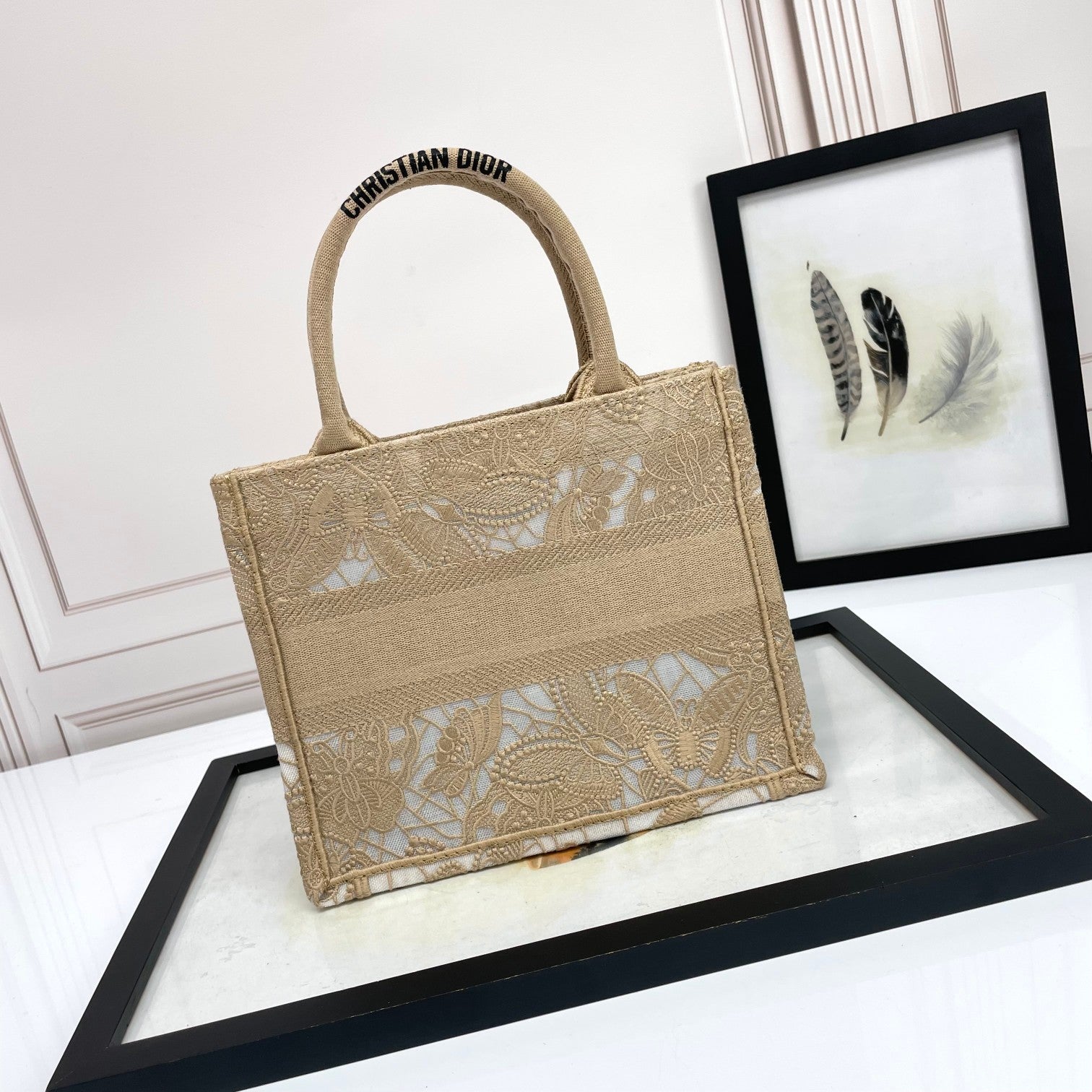 Christian Dior Small Book Tote Bag in Beige Lace Embroidery