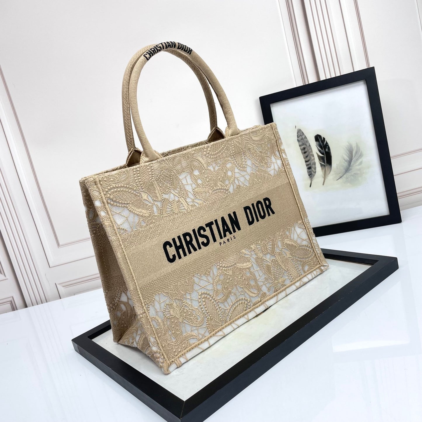 Christian Dior Medium Book Tote Beige Embroidered Canvas Tote Bag