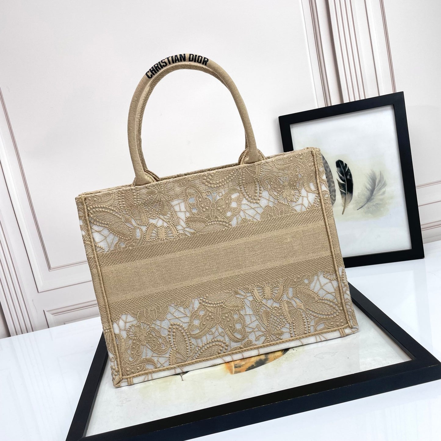 Christian Dior Medium Book Tote Beige Embroidered Canvas Tote Bag