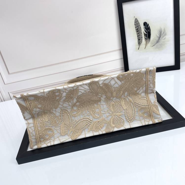 Christian Dior Medium Book Tote - Beige Canvas with White Lace Embroidery