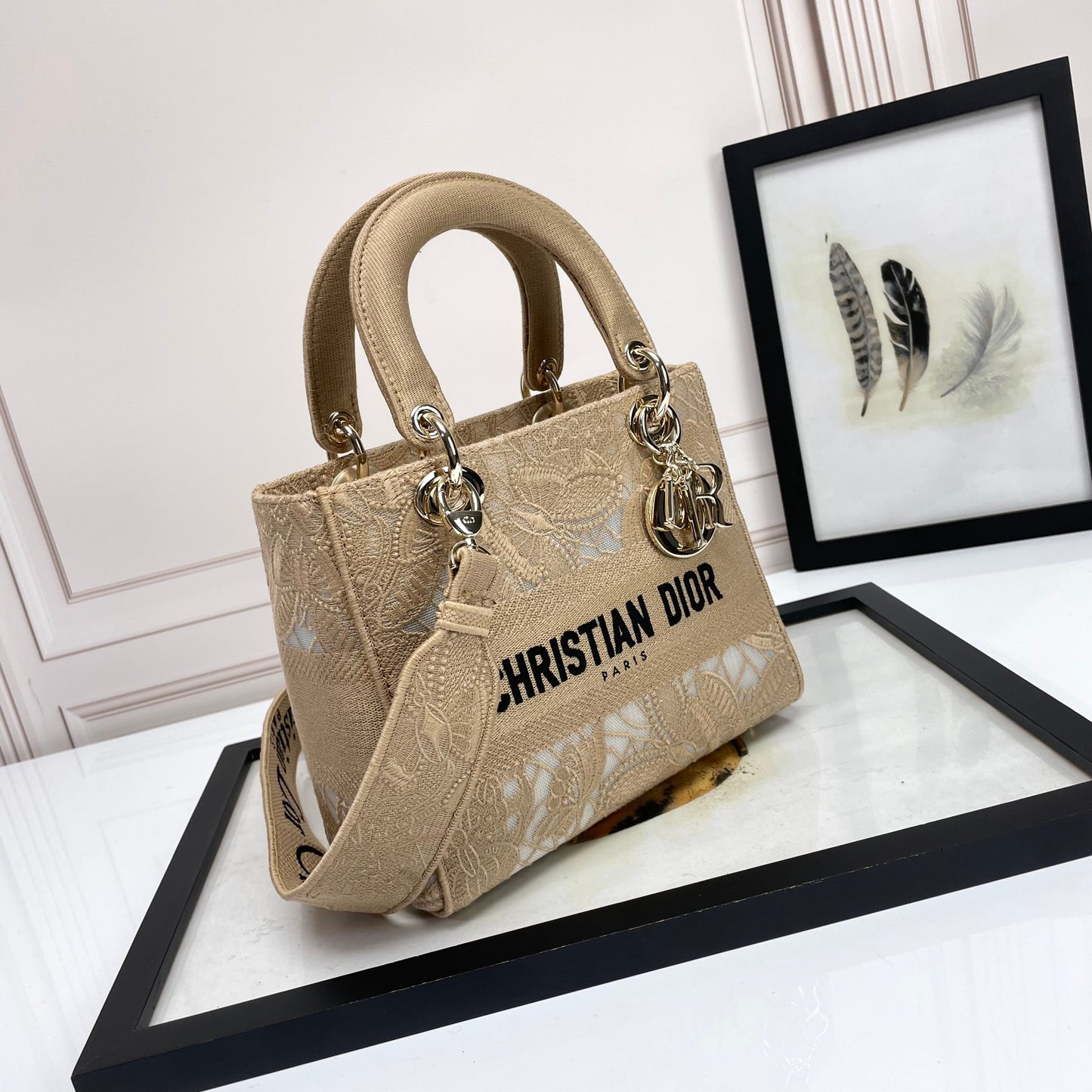 Christian Dior Lady D-Lite Beige Leaf Embroidered Medium Handbag