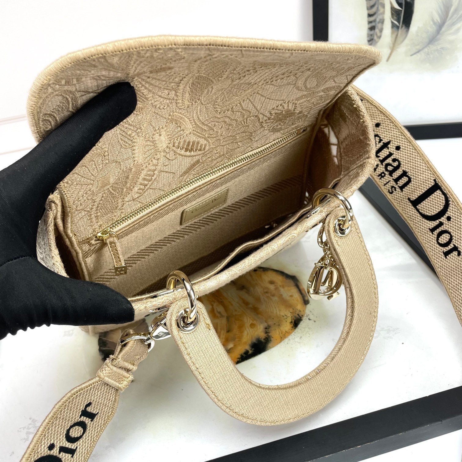 Christian Dior Lady D-Lite Bag - Beige Embroidered Canvas Handbag