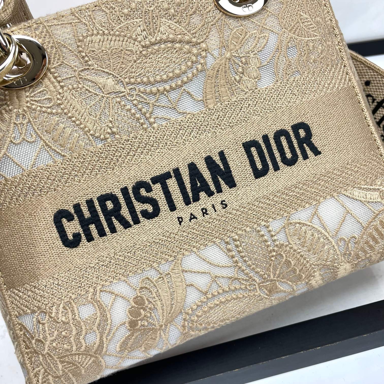 Christian Dior Lady D-Lite Bag - Beige Embroidered Canvas Handbag