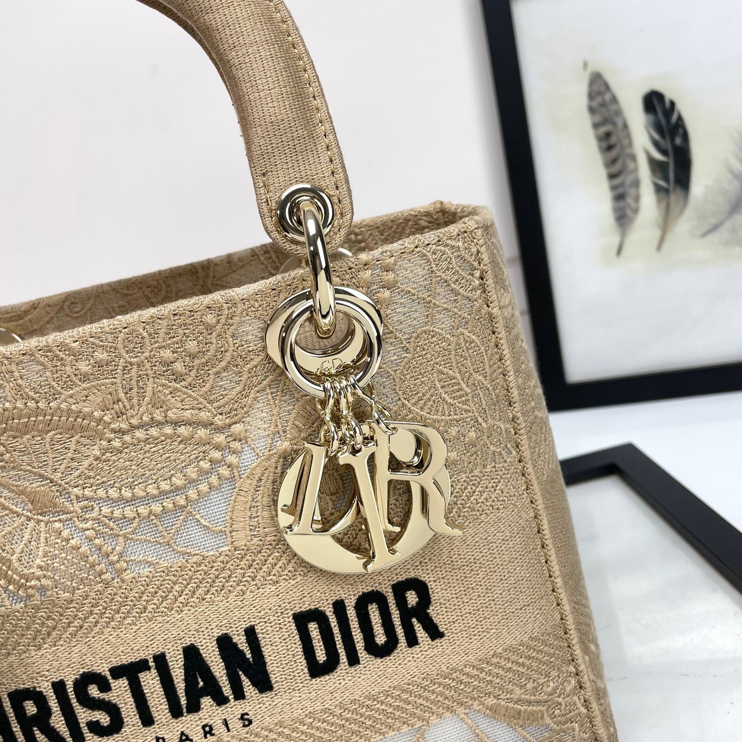Christian Dior Lady D-Lite Handbag Beige Embroidered Canvas