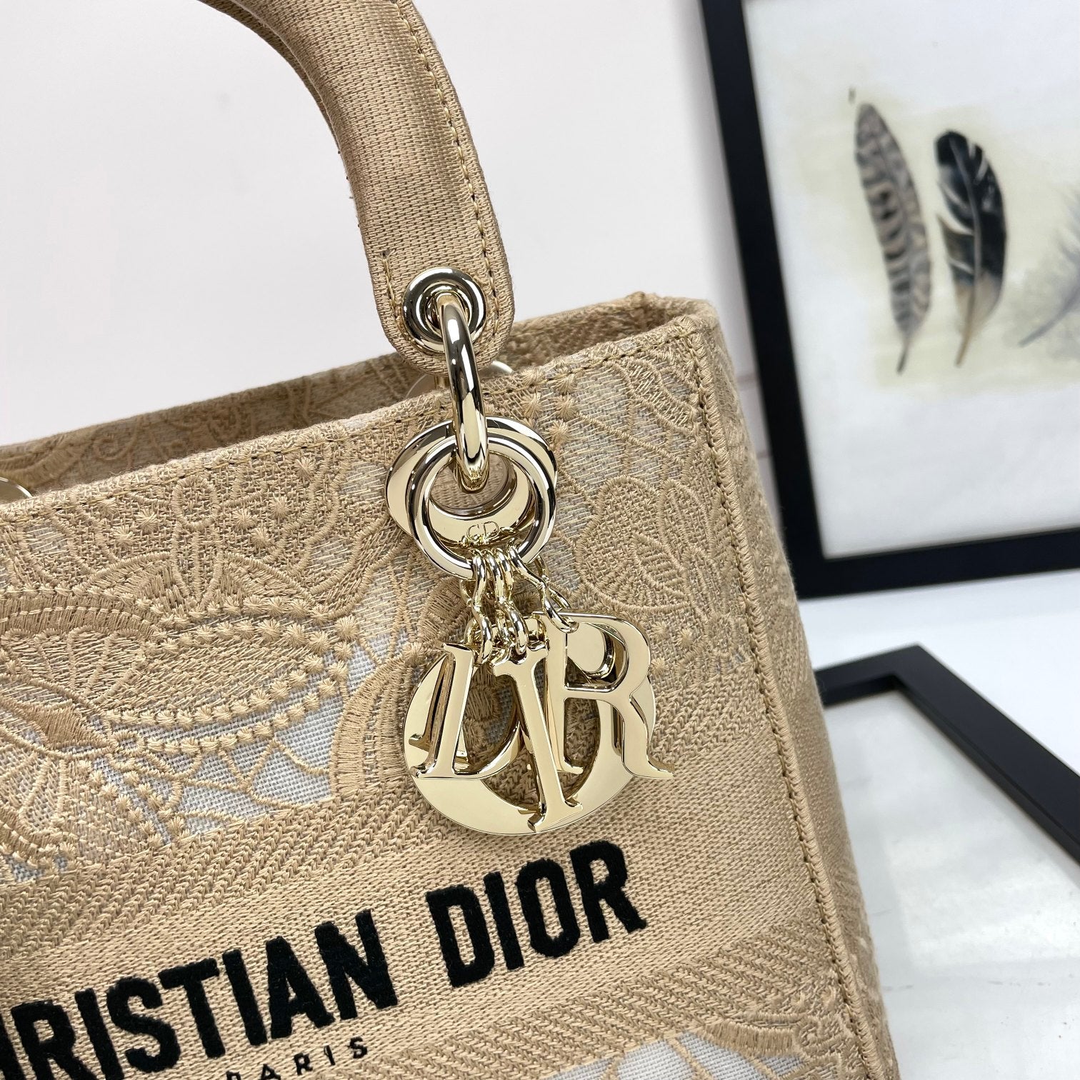 Christian Dior Lady D-Lite Handbag Beige Embroidered Canvas