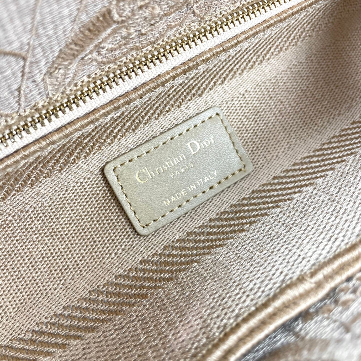 Christian Dior Lady D-Lite Bag Beige Embroidered Canvas Medium Handbag