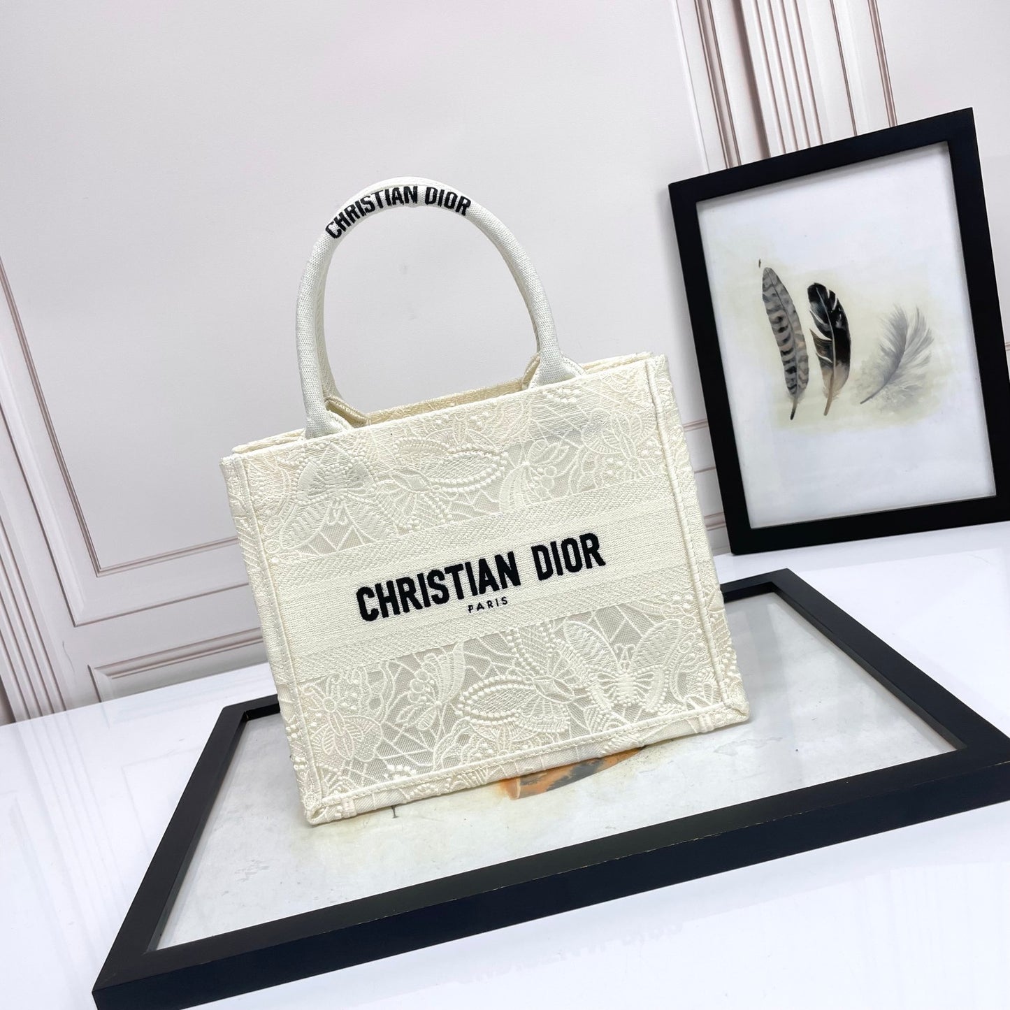 Christian Dior White Embroidered Book Tote Bag