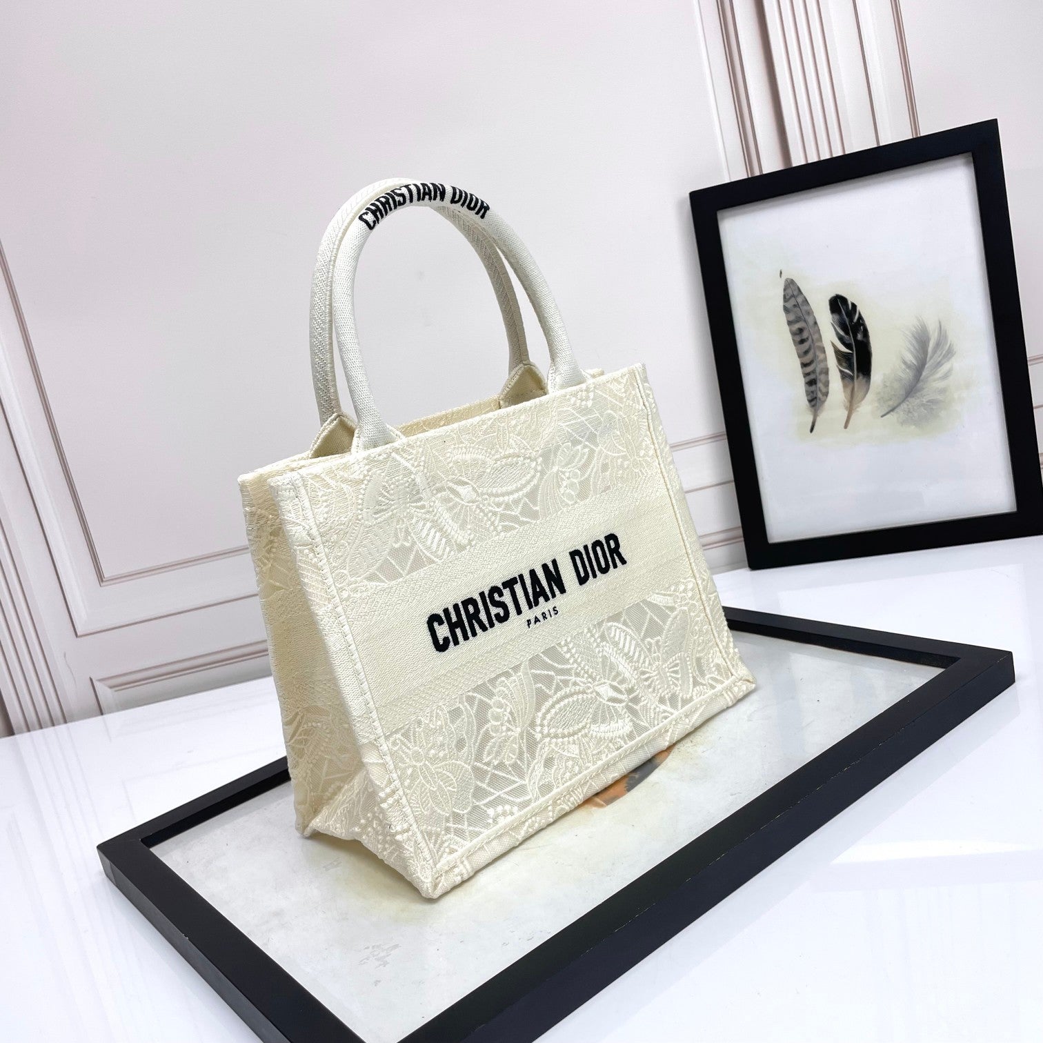 Christian Dior White Embroidered Book Tote Bag