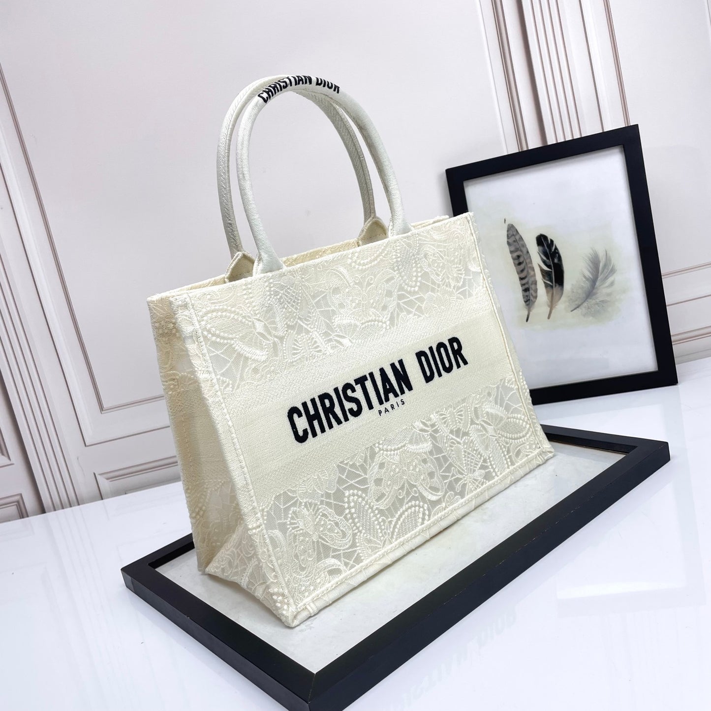 Christian Dior White Embroidered Canvas Book Tote Bag