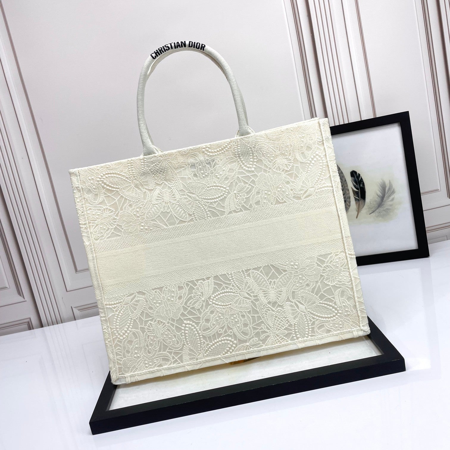 Christian Dior Large Book Tote - White Tone-on-Tone Embroidered Canvas