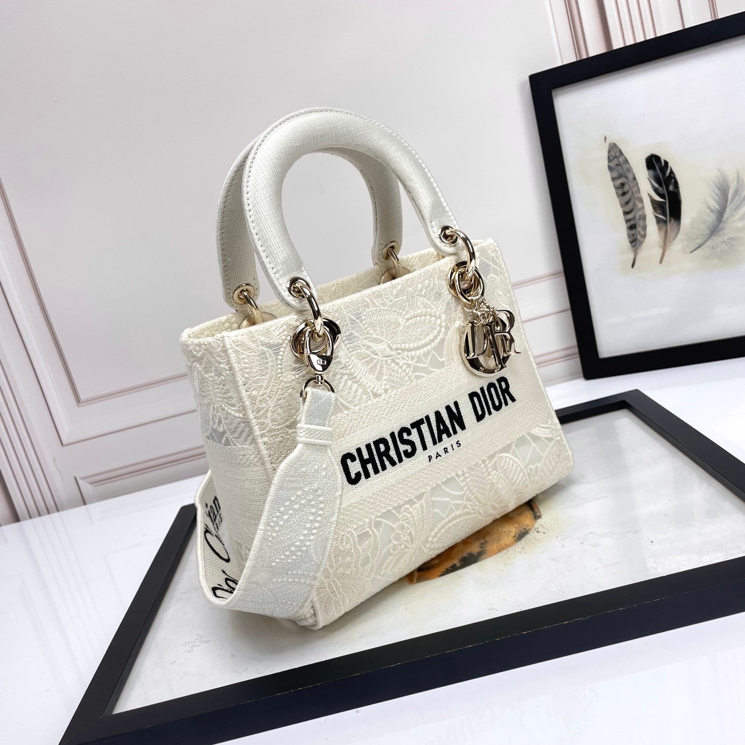 Christian Dior Lady D-Lite Bag - White Tone-on-Tone Canvas with Embroidery
