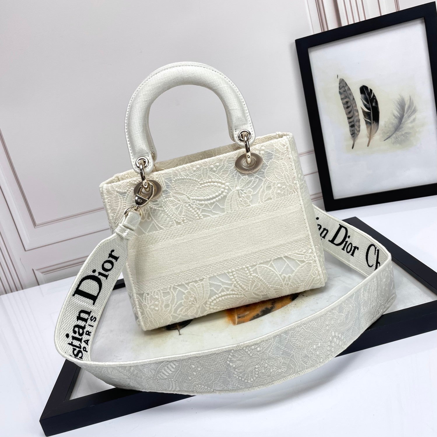 Christian Dior Lady D-Lite White Embroidered Canvas Handbag