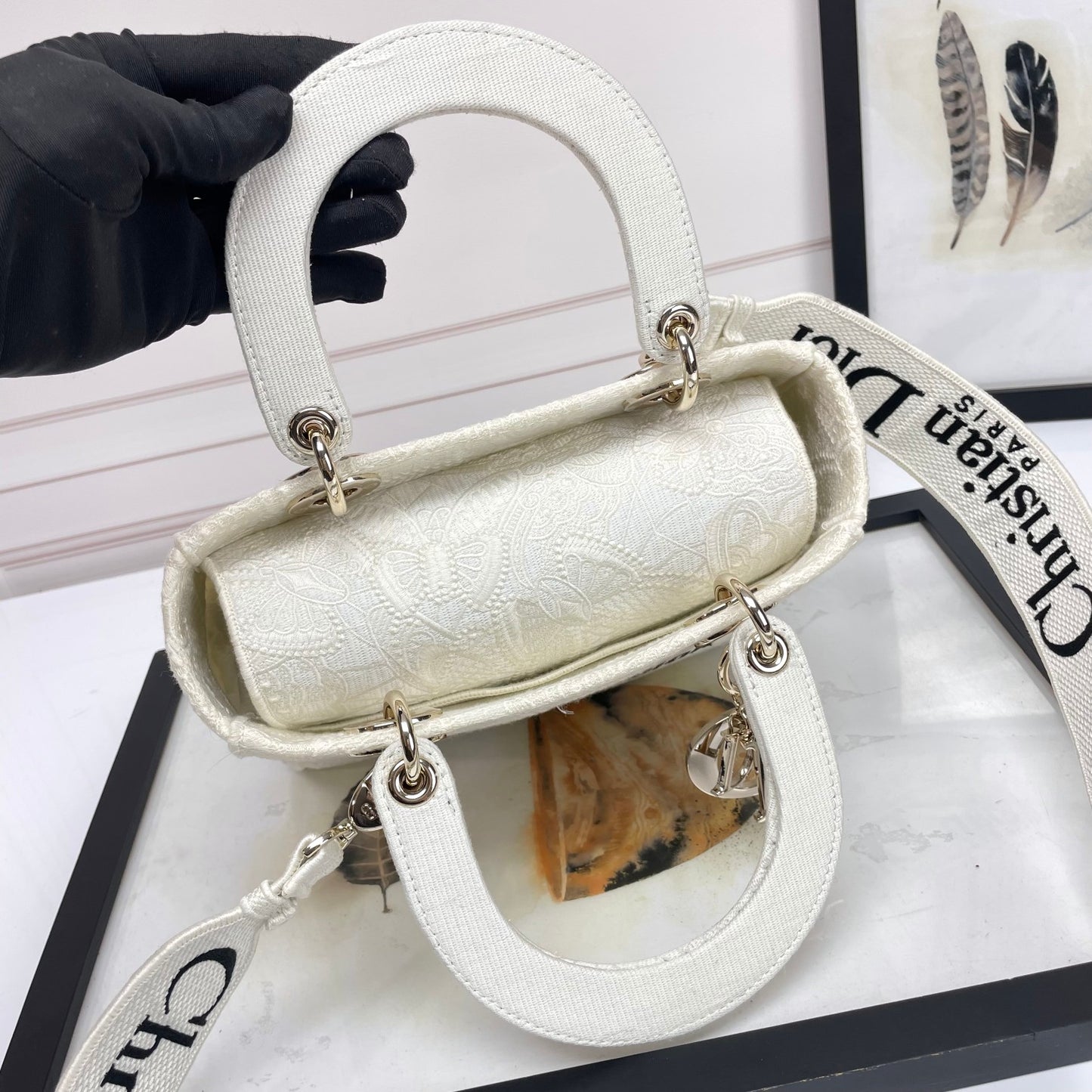 Christian Dior Lady D-Lite White Embroidered Canvas Handbag