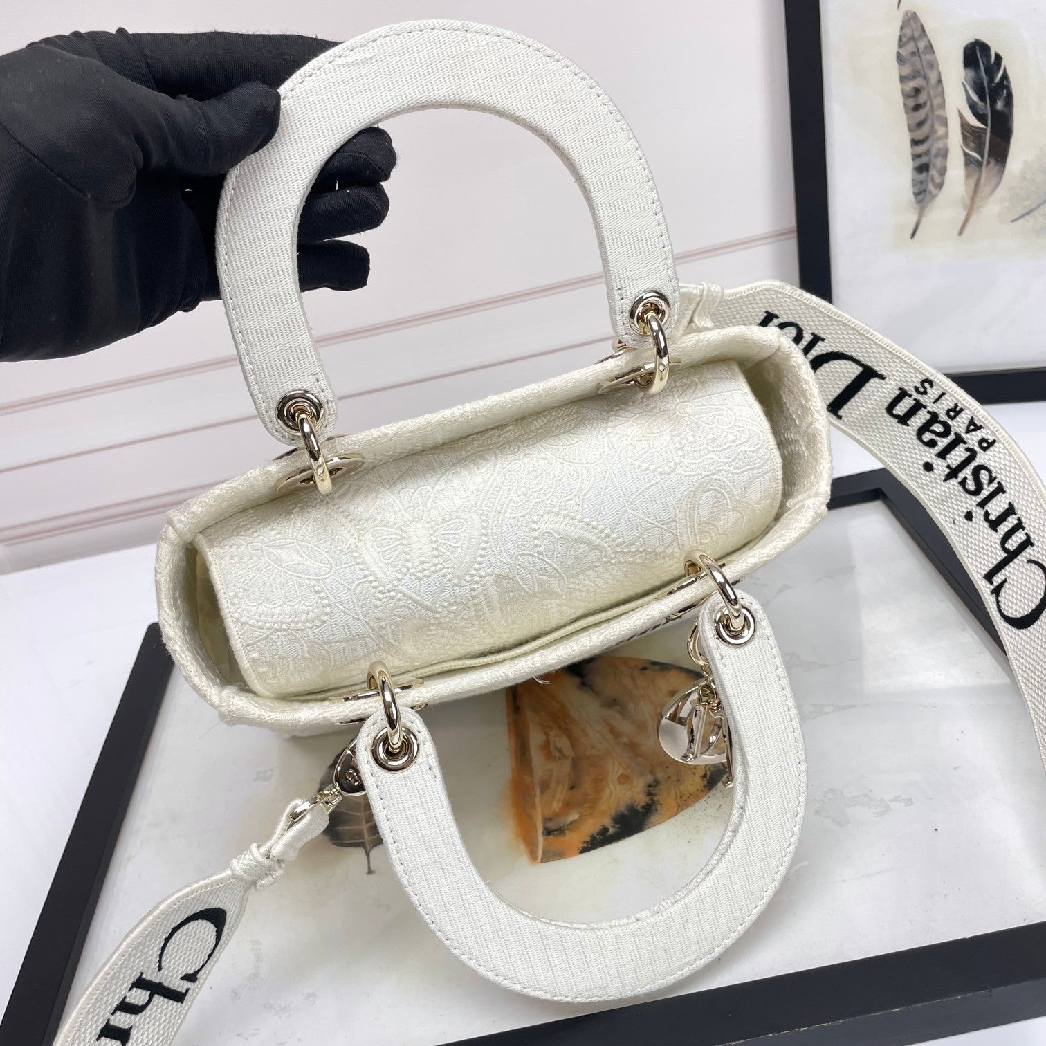 Christian Dior Lady D-Lite Bag - White Tone-on-Tone Canvas with Embroidery