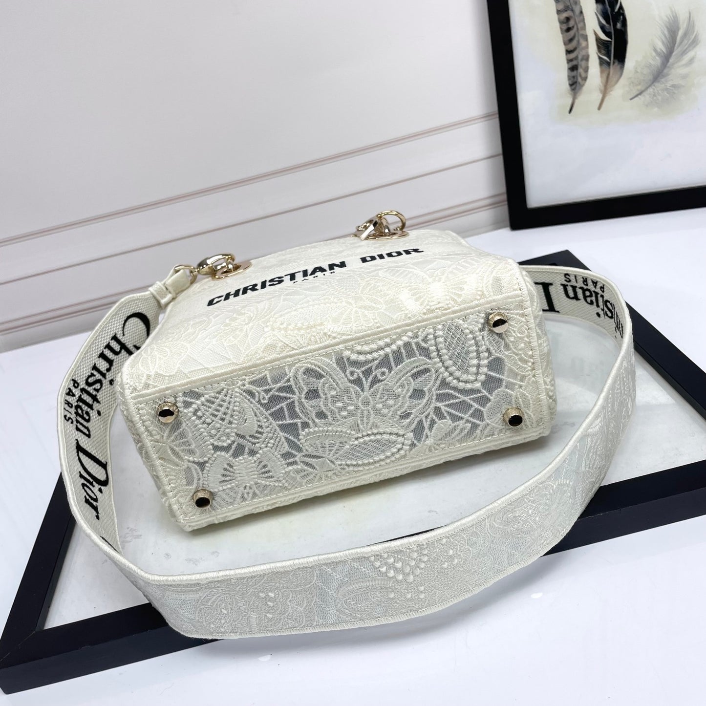 Christian Dior Lady D-Lite Bag - White Tone-on-Tone Canvas with Embroidery