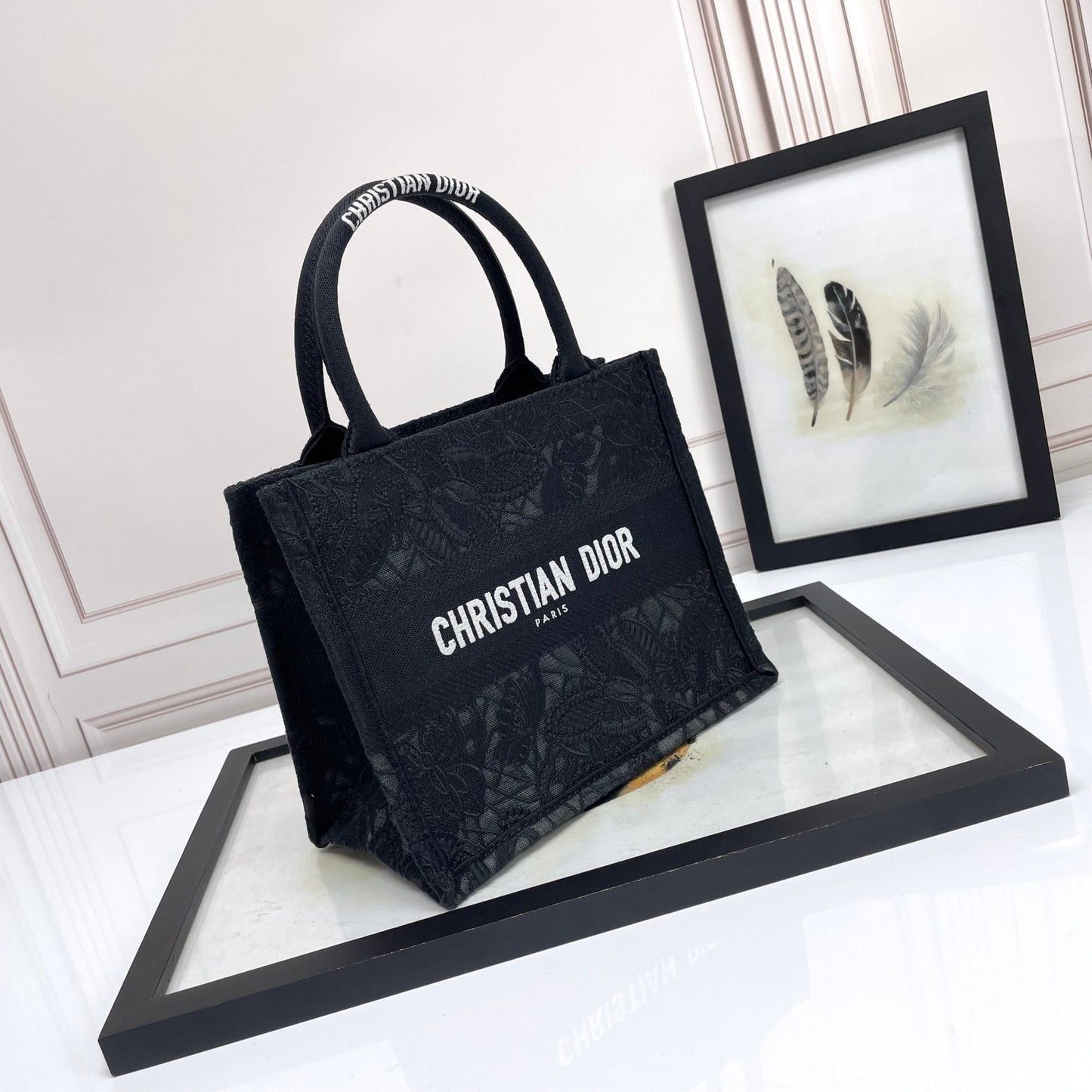 Christian Dior Small Book Tote - Black Embroidered Canvas Handbag