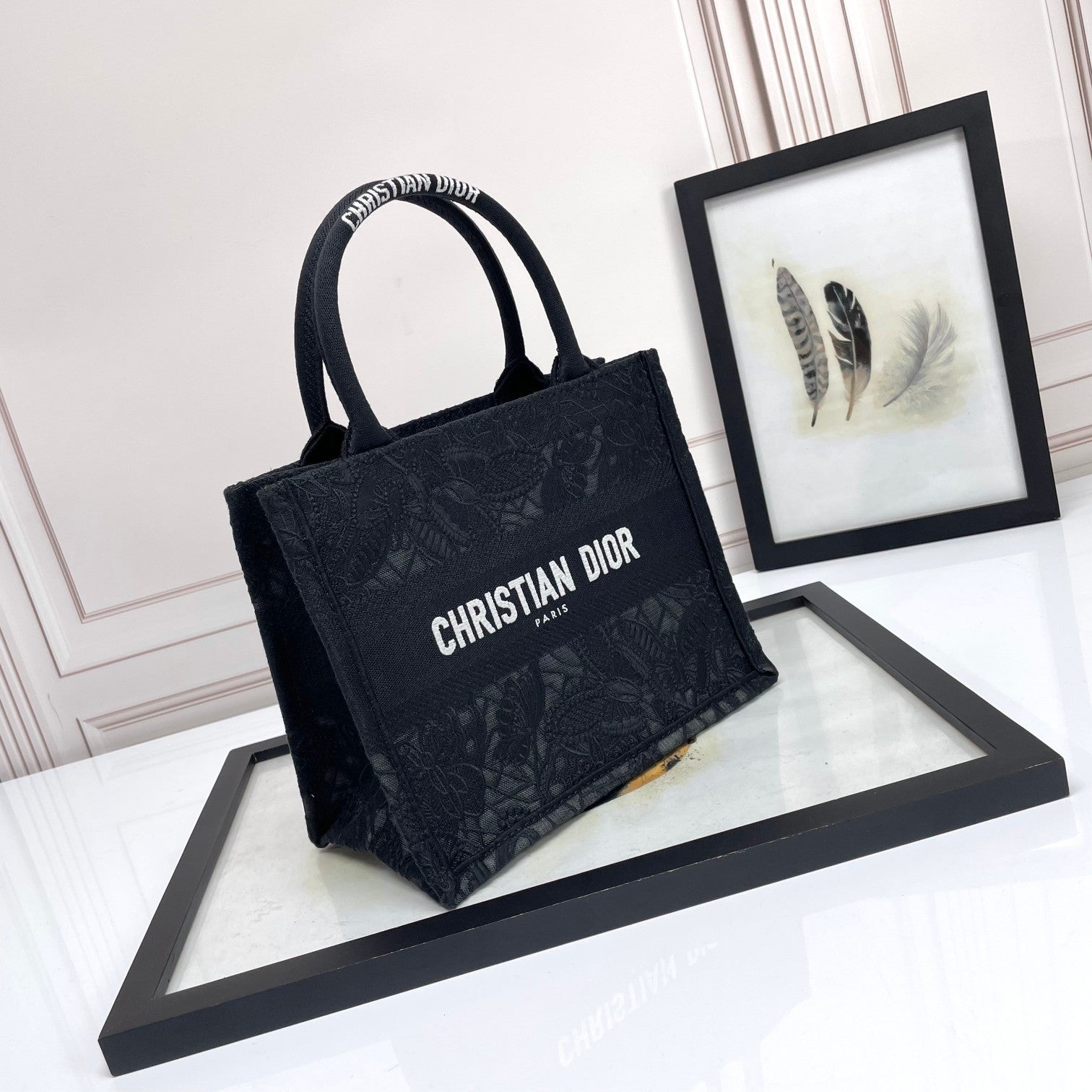 Christian Dior Small Book Tote Bag - Black Embroidered Canvas