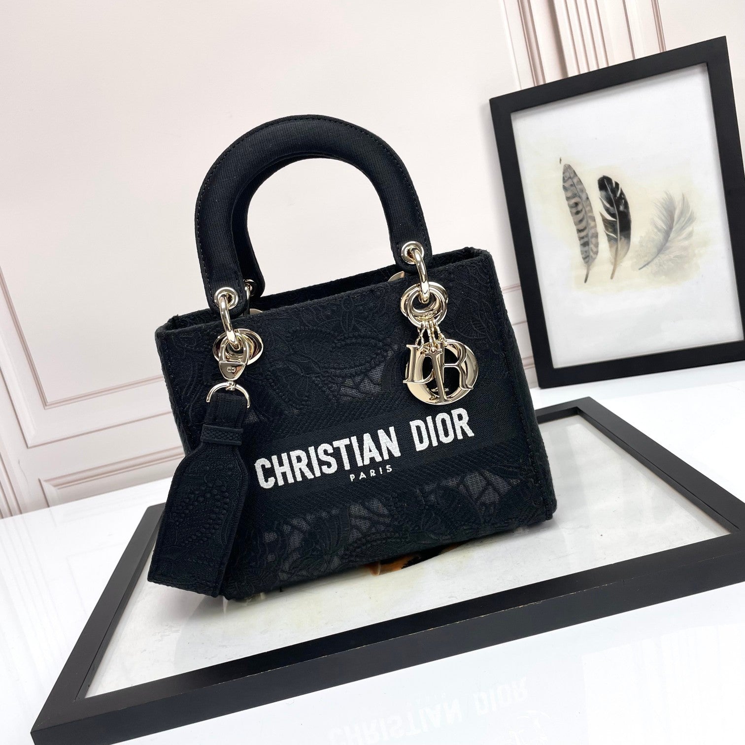 Christian Dior Lady D-Lite Bag Black Embroidered Cannage Medium Tote