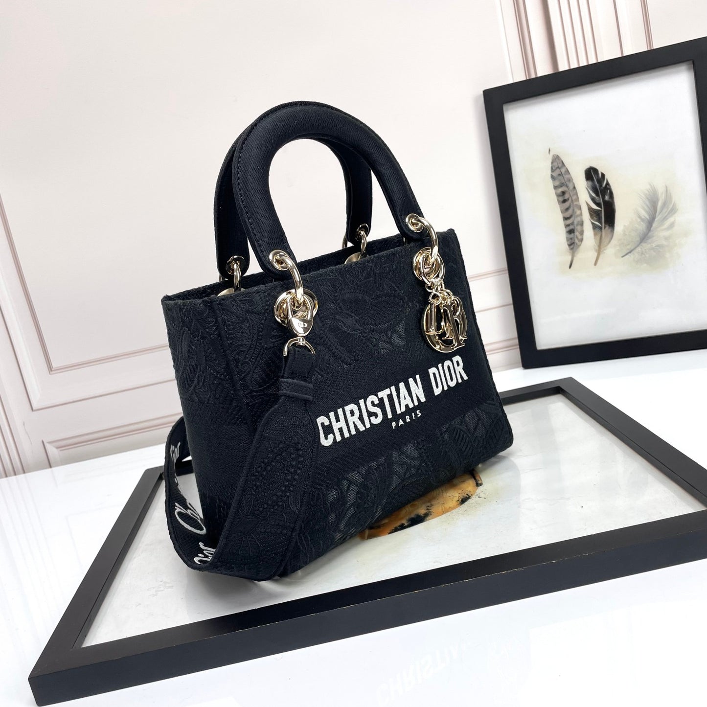 Christian Dior Lady D-Lite Medium Bag Black Embroidered Canvas Handbag