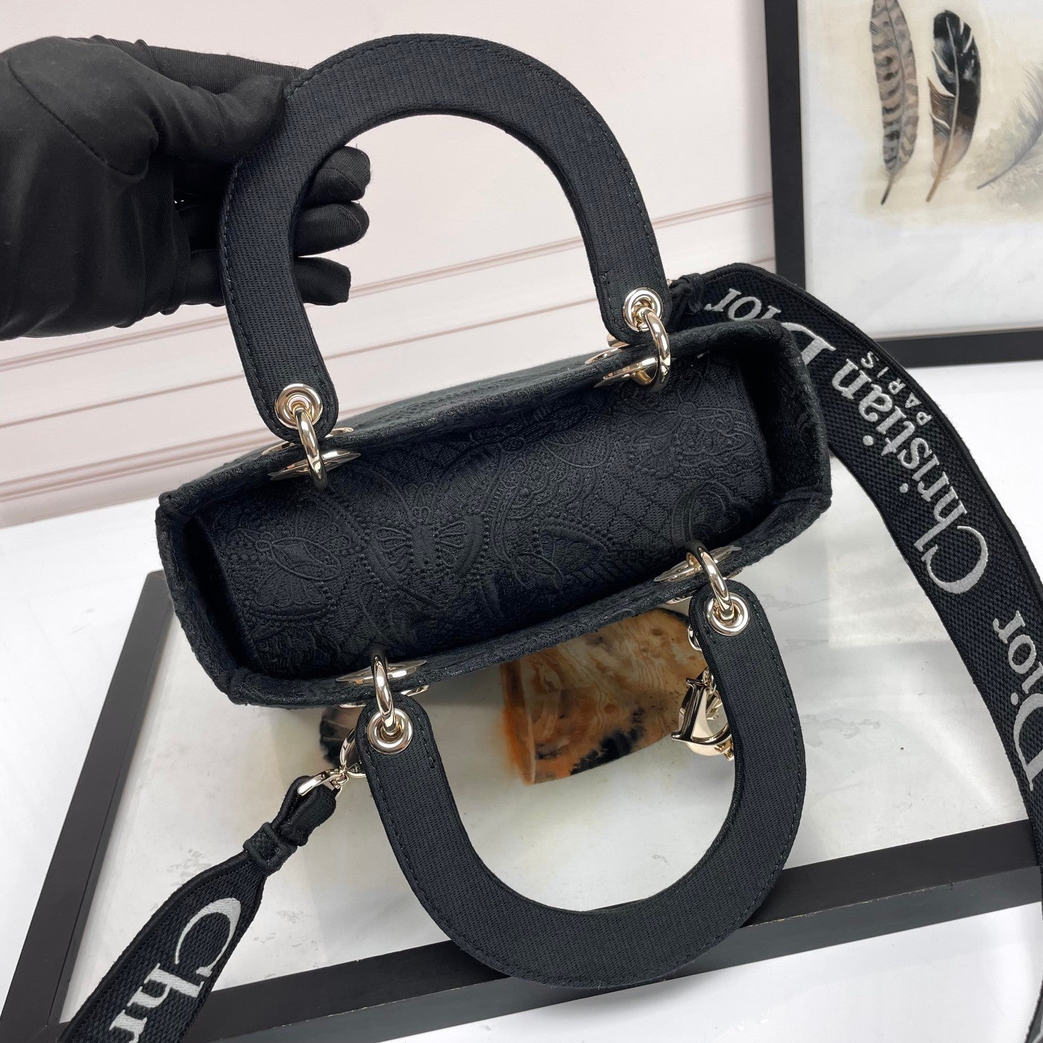 Christian Dior Lady D-Lite Bag Black Embroidered Cannage Medium