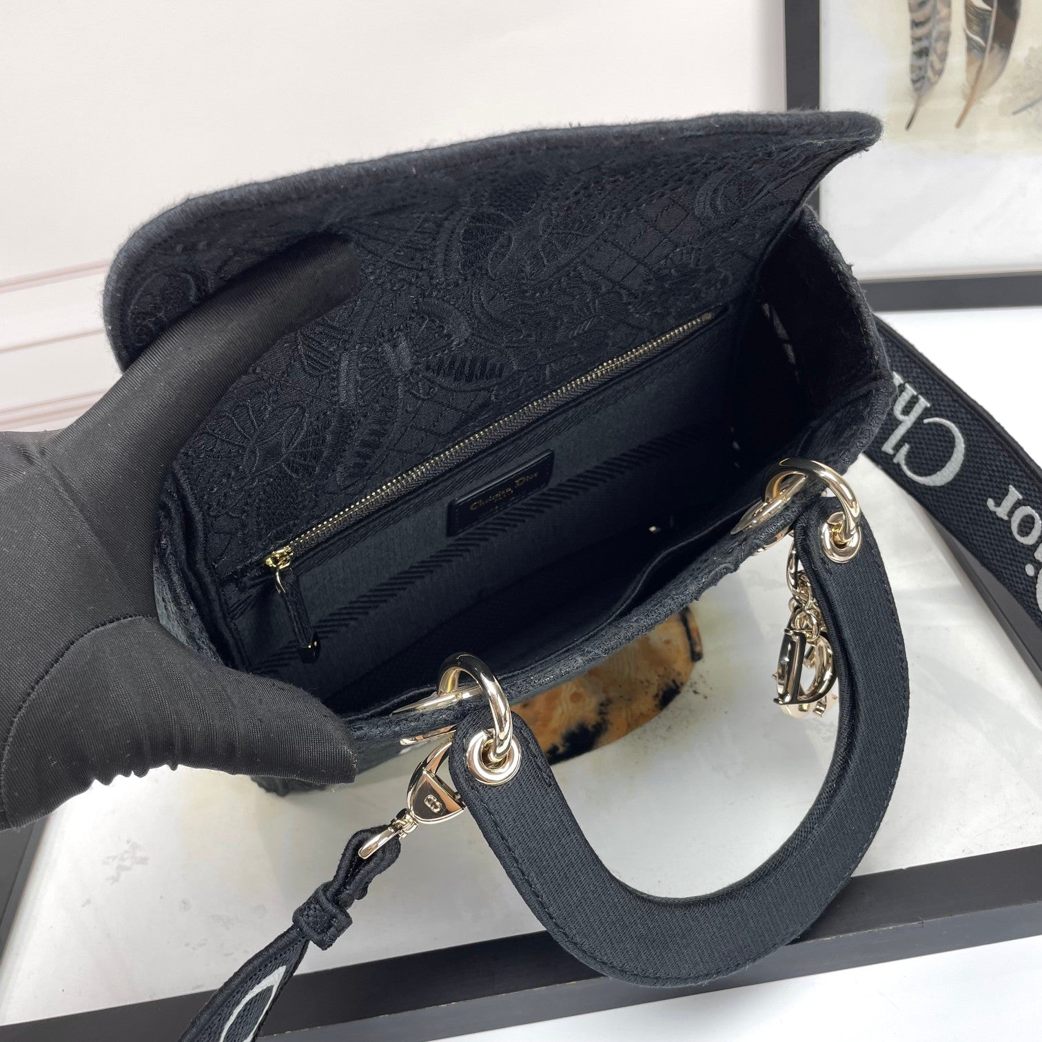 Christian Dior Lady D-Lite Medium Bag Black Embroidered Canvas Handbag