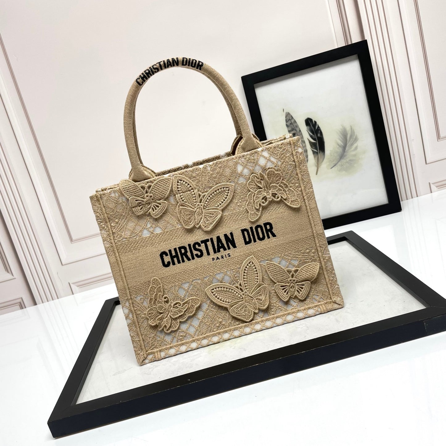 Christian Dior Beige Butterfly Appliqué Book Tote Bag