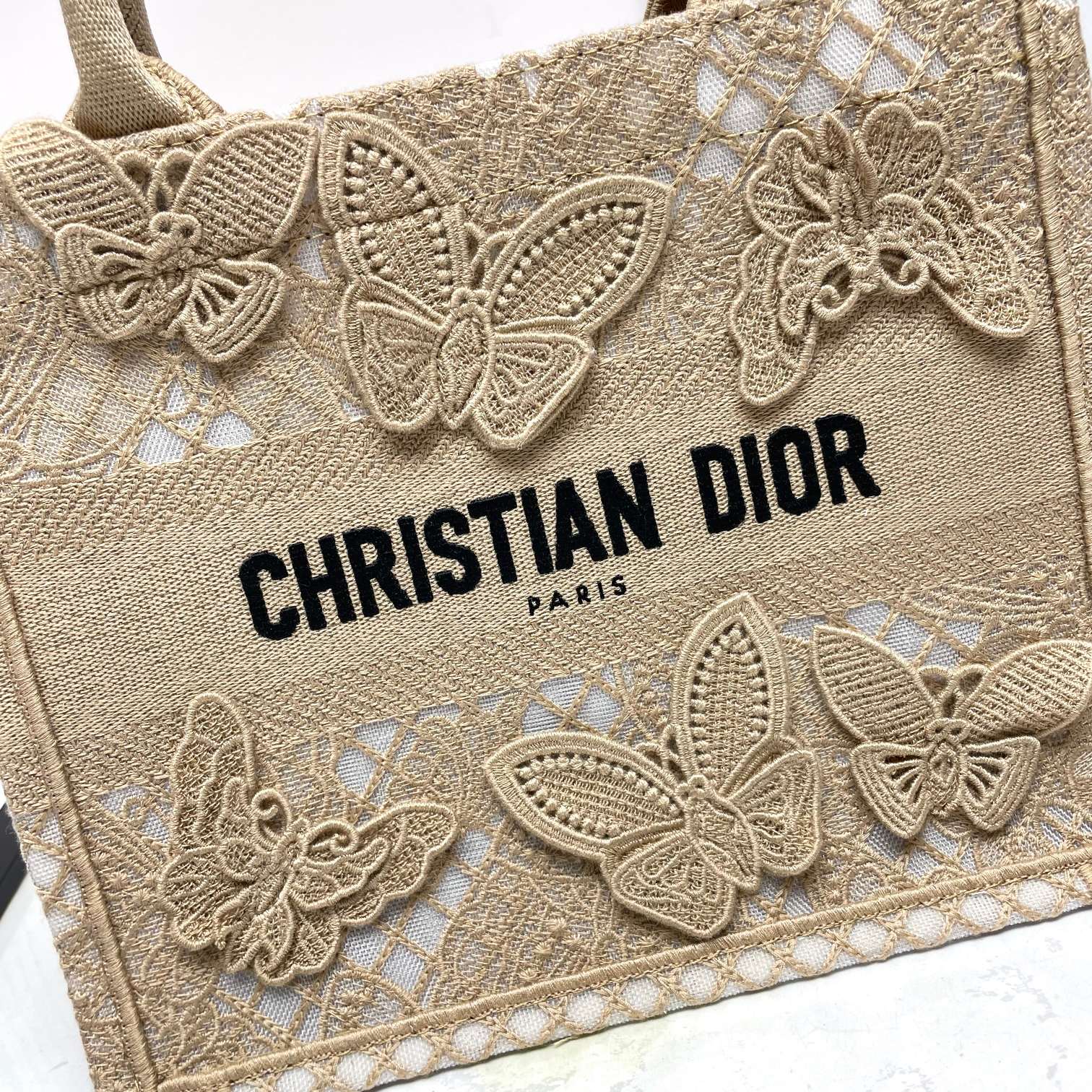 Christian Dior Beige Butterfly Appliqué Book Tote Bag