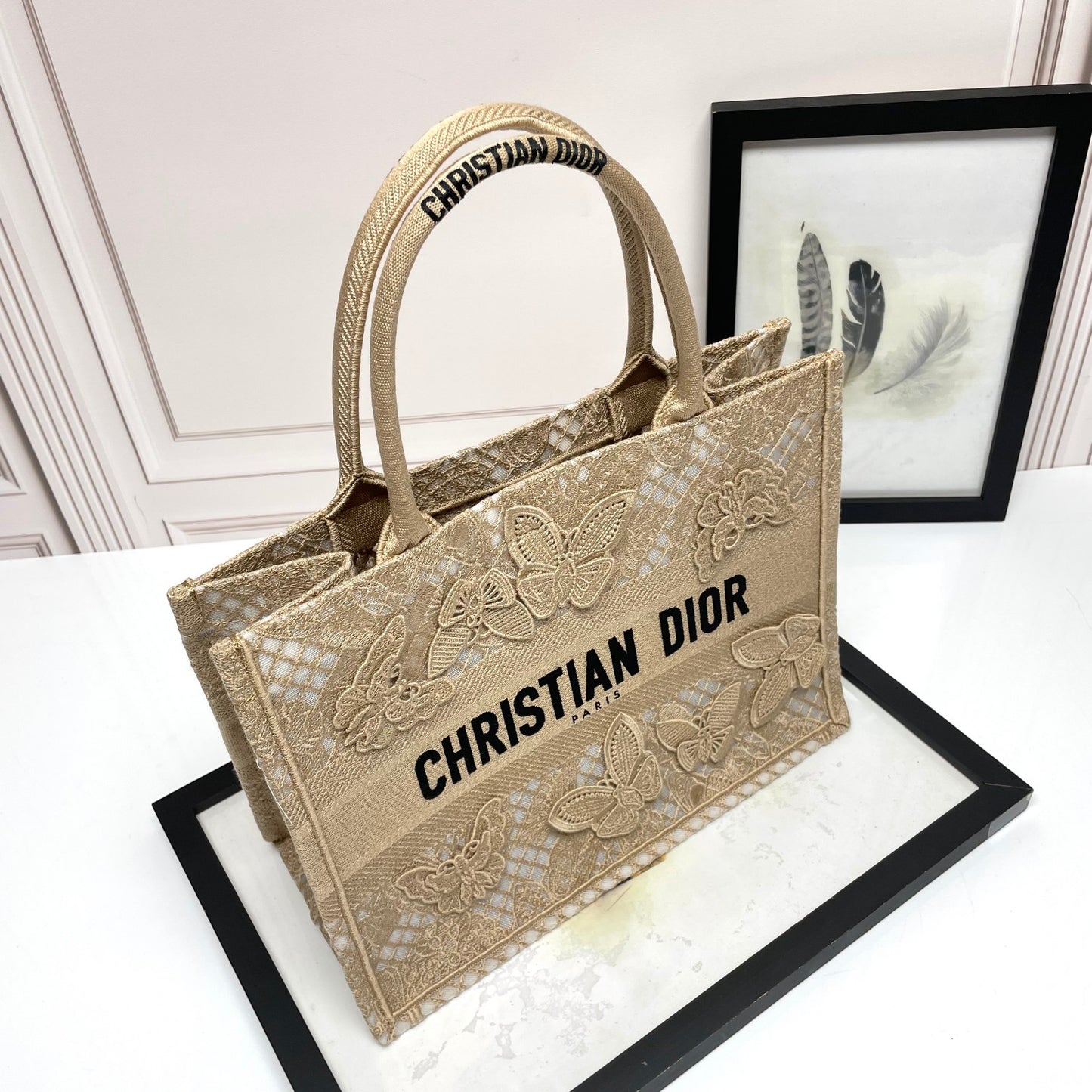 Christian Dior Butterfly Embroidered Book Tote Bag - Beige Canvas
