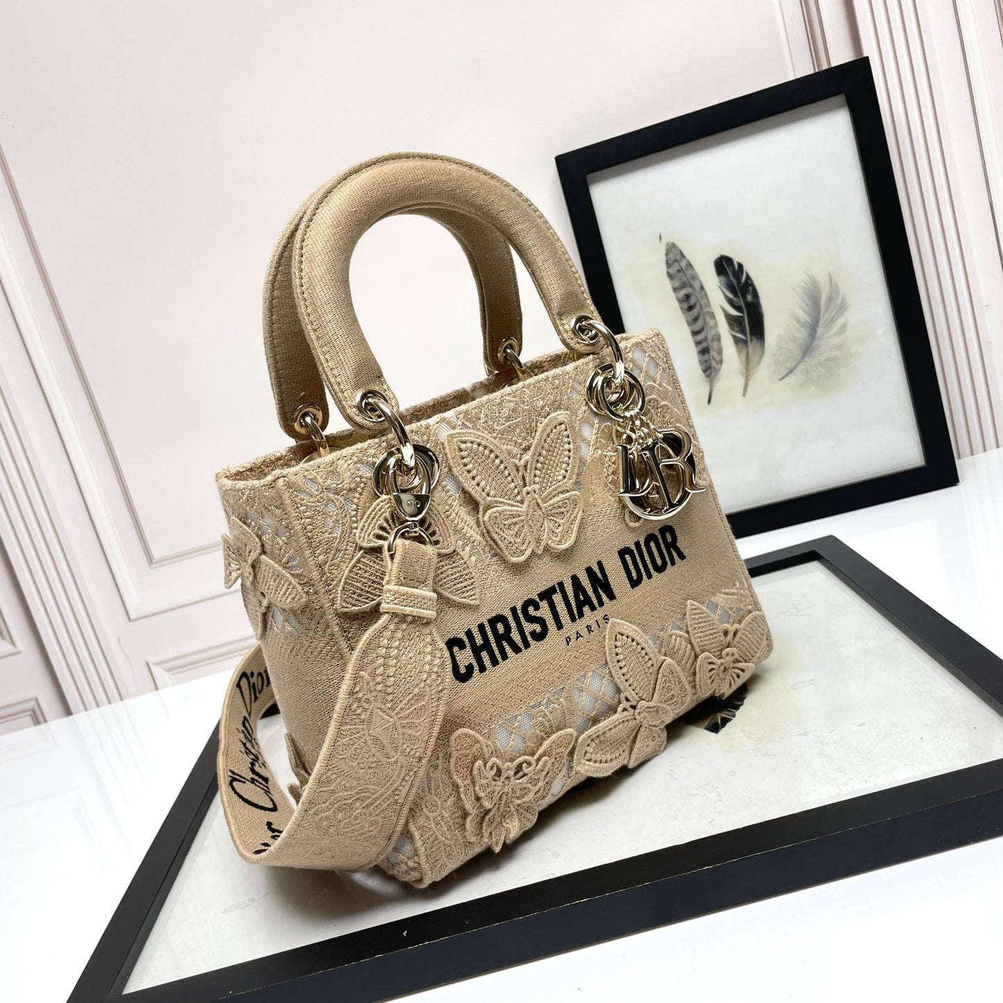 Christian Dior Lady D-Lite Handbag in Beige Butterfly Embroidery
