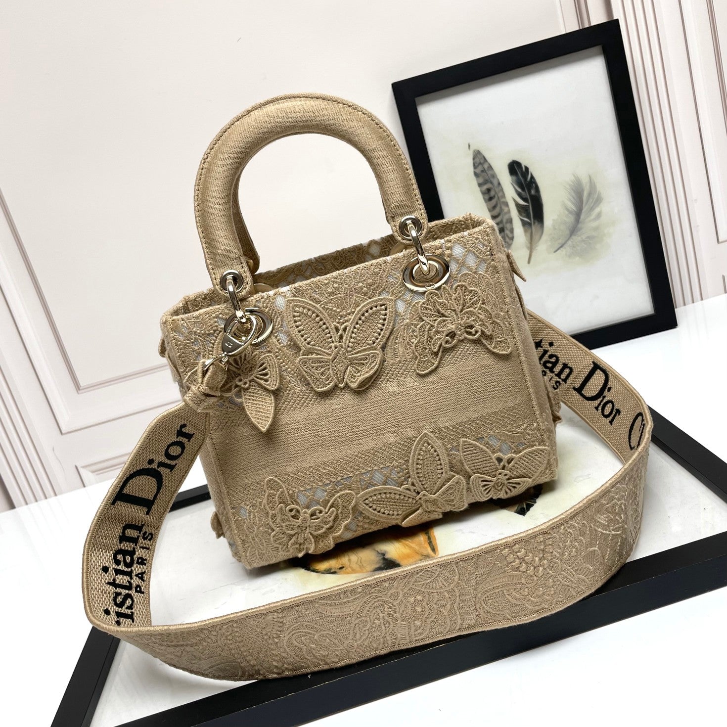 Christian Dior Lady D-Lite Bag with Butterfly Embroidery - Beige