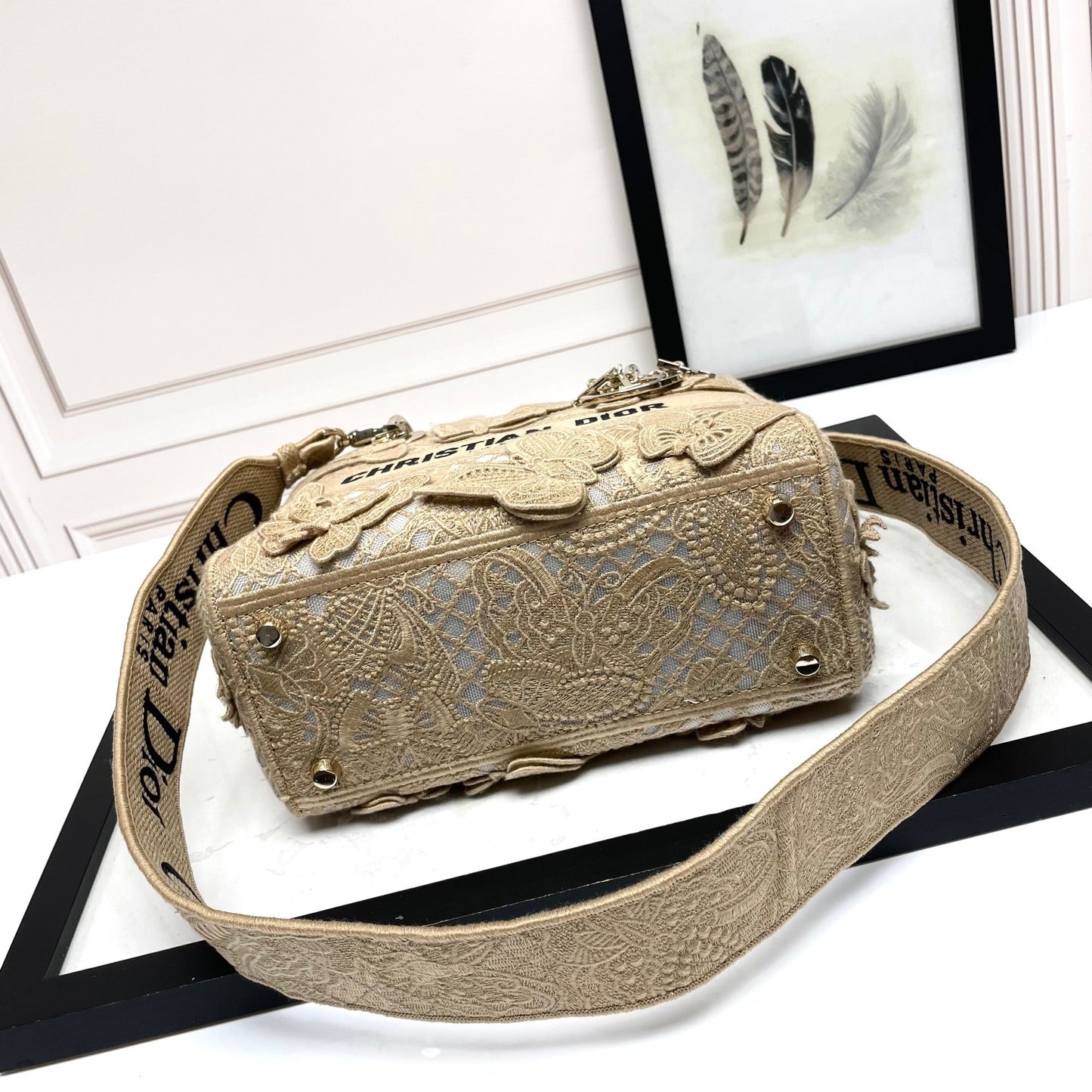 Christian Dior Lady D-Lite Bag with Butterfly Embroidery - Beige