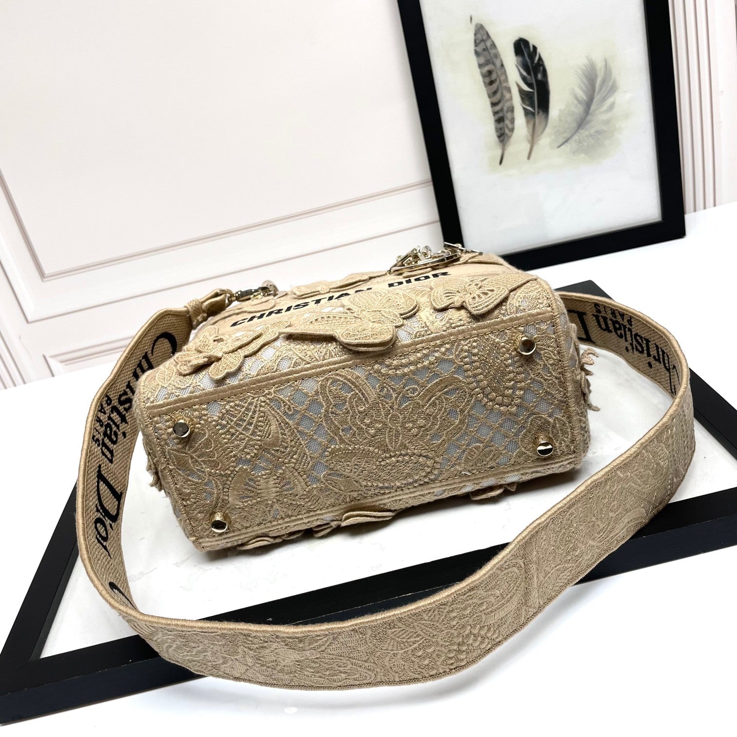 Christian Dior Lady D-Lite Bag with Butterfly Embroidery - Beige Canvas Handbag