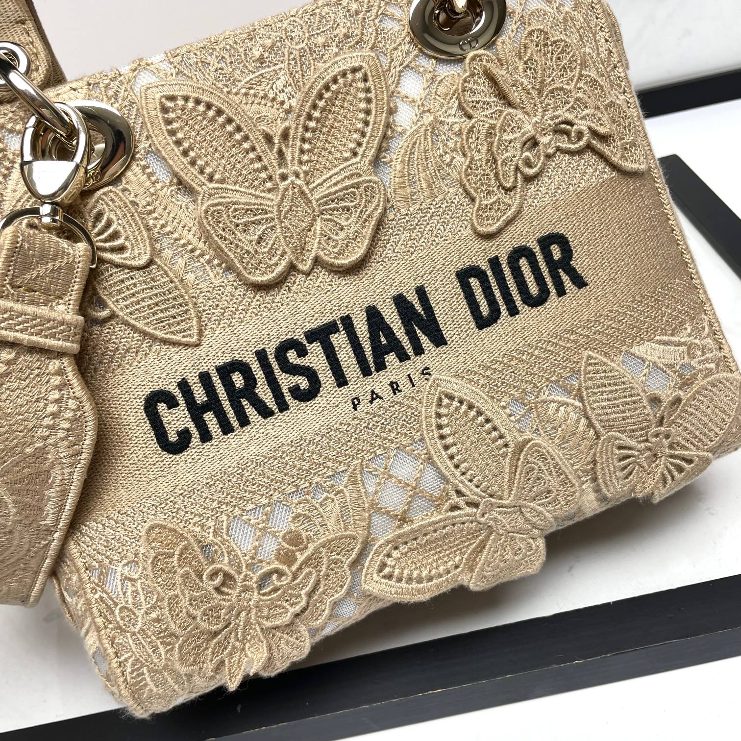 Christian Dior Lady D-Lite Handbag in Beige Butterfly Embroidery