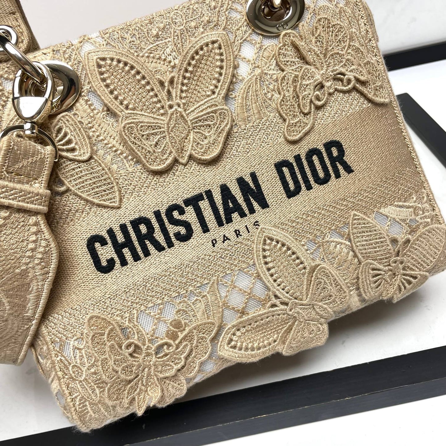 Christian Dior Lady D-Lite Bag Beige Butterfly Embroidered Canvas Handbag