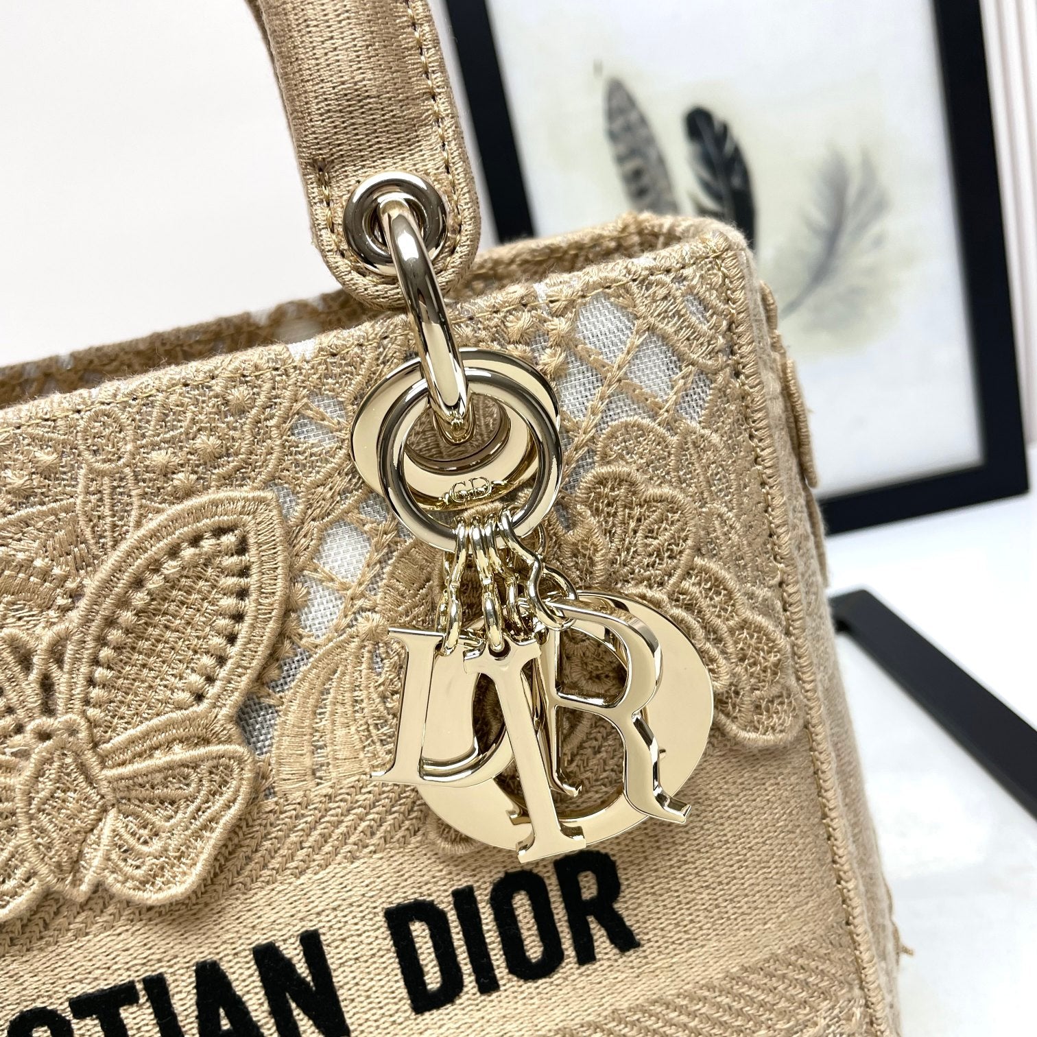Christian Dior Lady D-Lite Bag Beige Butterfly Embroidered Canvas Handbag