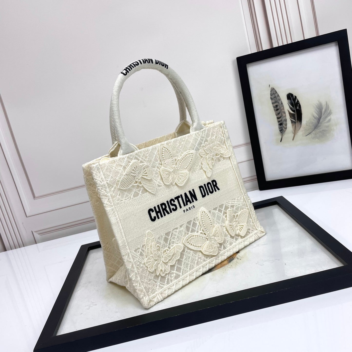 Christian Dior White Canvas Book Tote Bag with 3D Butterfly Embroidery