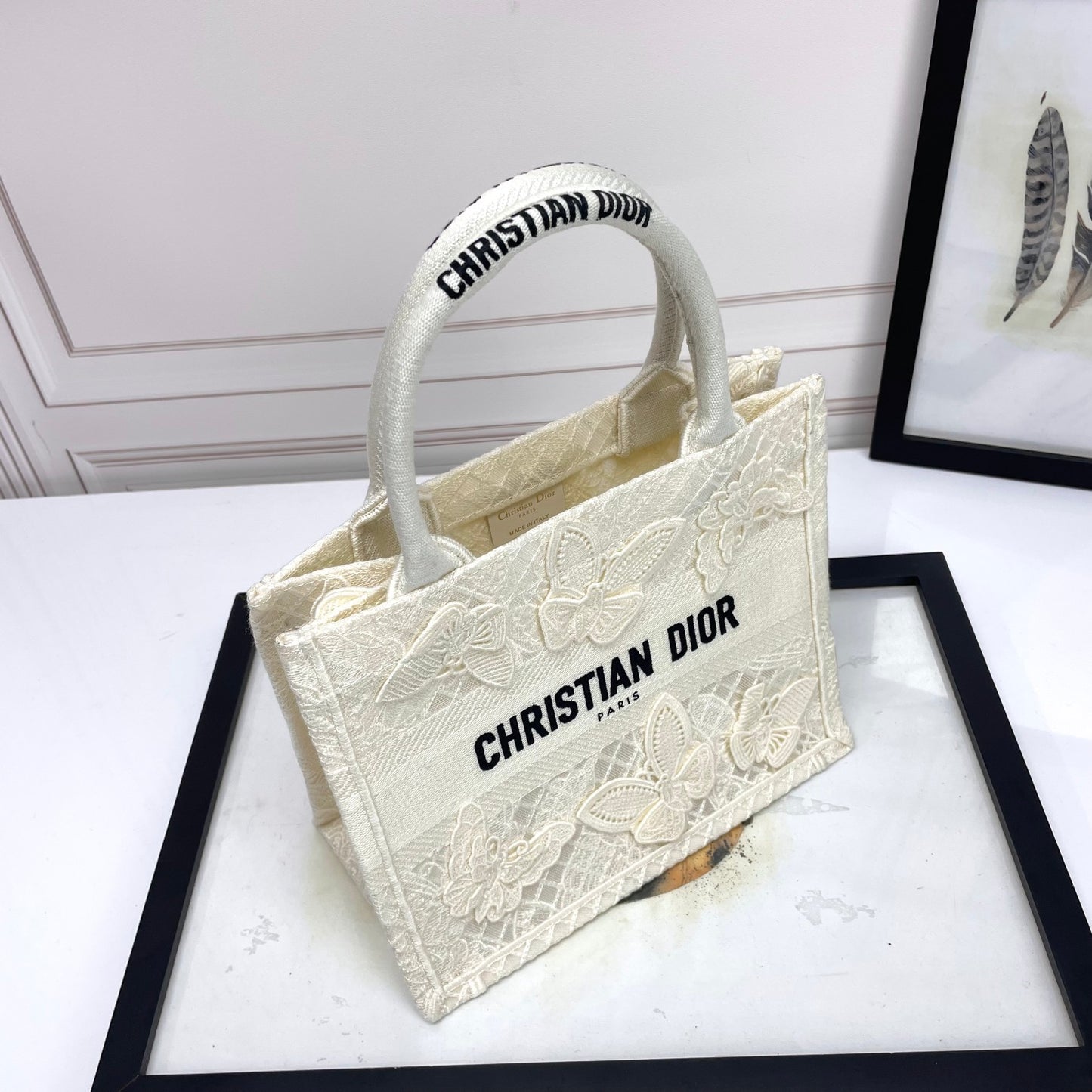 Christian Dior White Butterfly Embroidered Medium Book Tote Bag