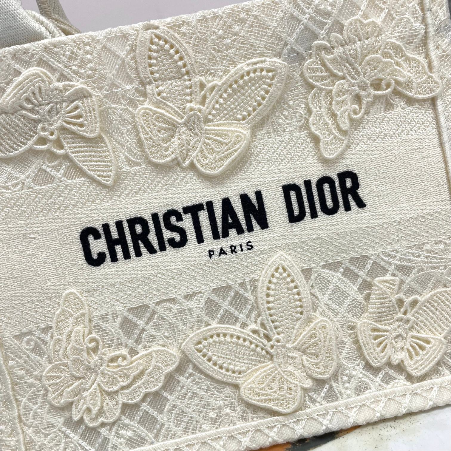 Christian Dior White Butterfly Embroidered Medium Book Tote Bag