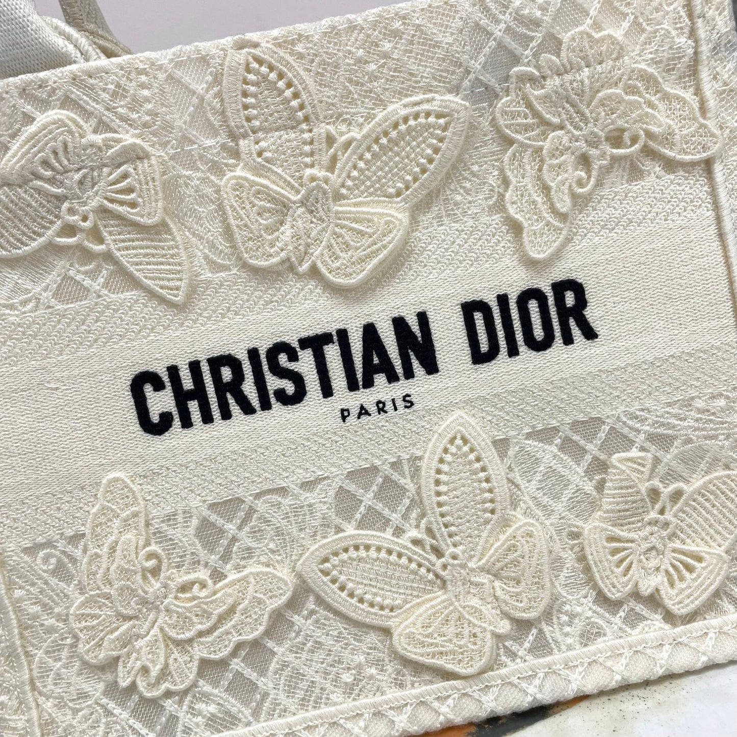 Christian Dior White Canvas Book Tote Bag with 3D Butterfly Embroidery