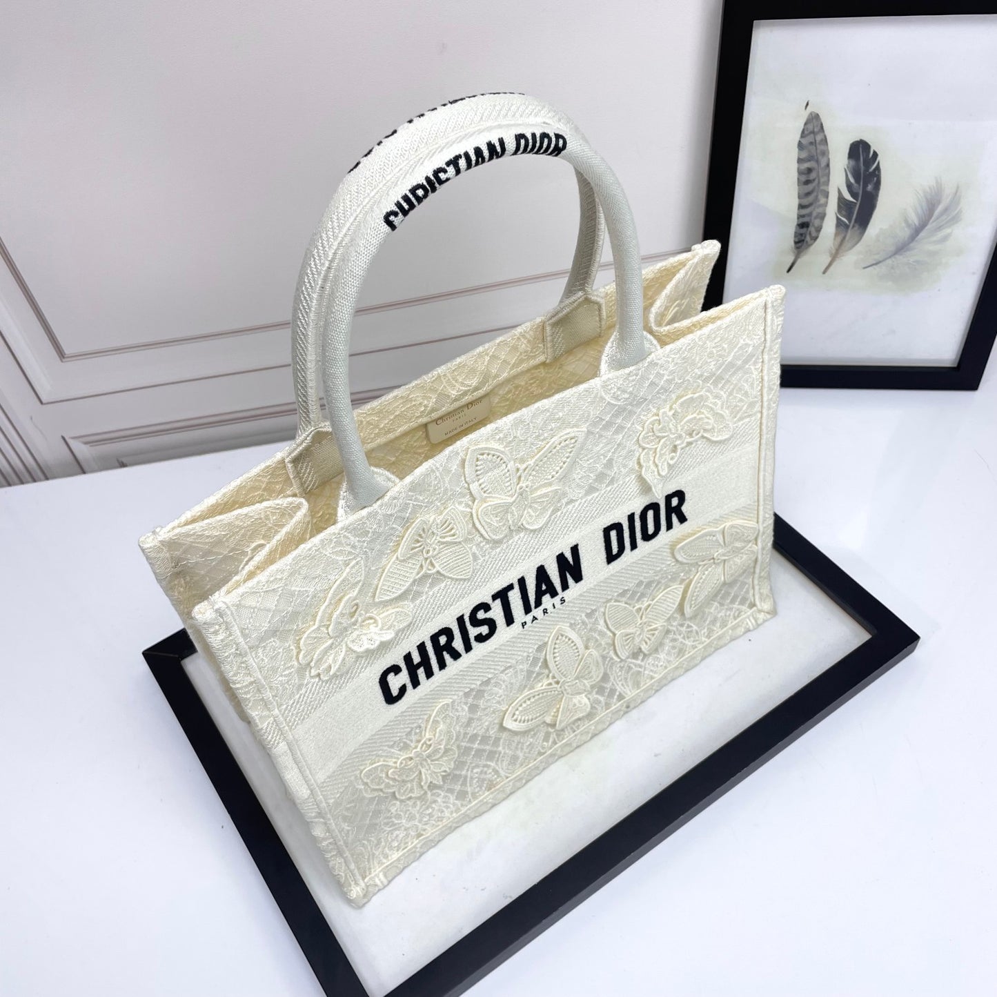 Christian Dior Medium Book Tote - White Butterfly Embroidery Canvas