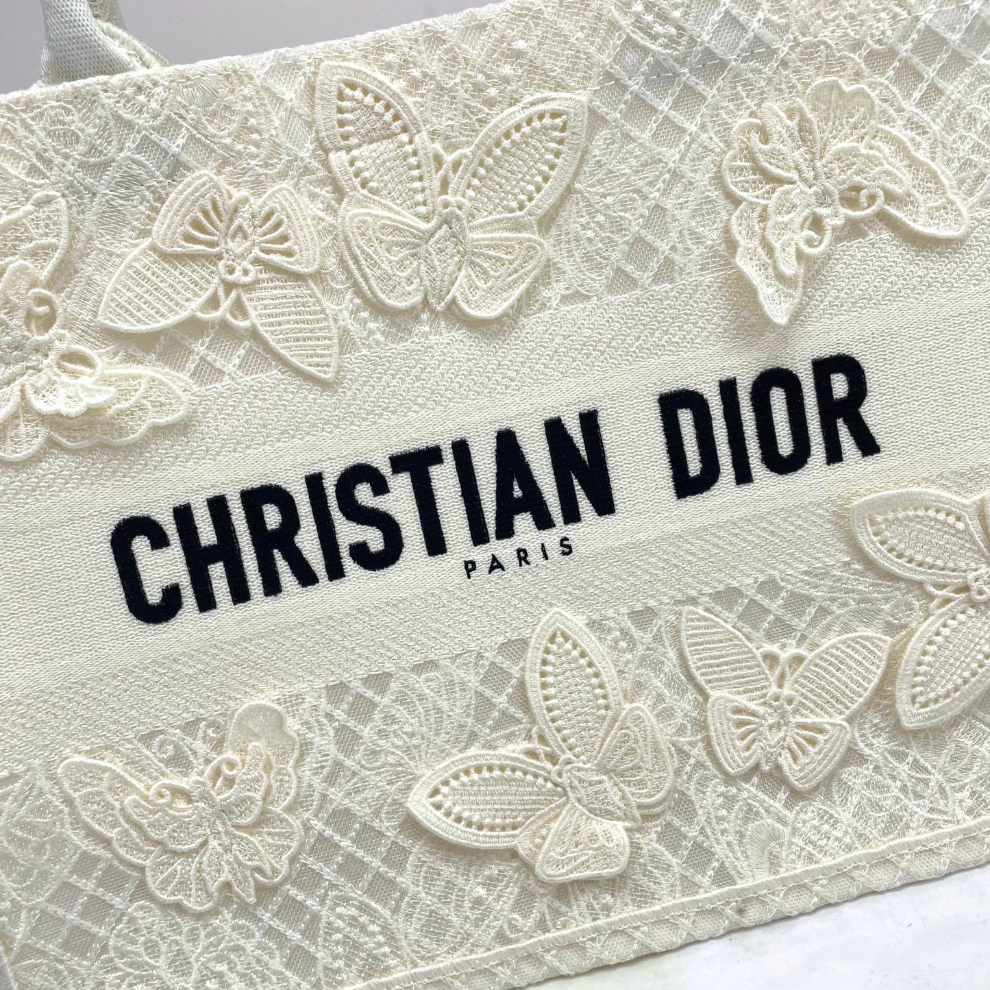 Christian Dior Medium Book Tote - White Butterfly Embroidery Canvas Bag