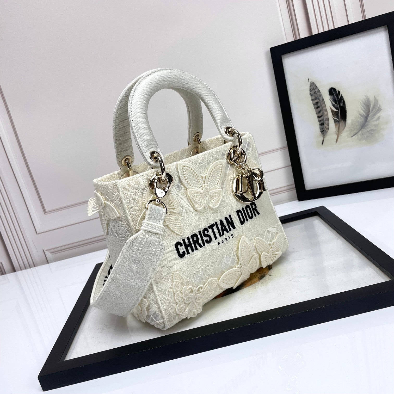 Christian Dior Lady D-Lite Medium Bag - White Butterfly Embroidery