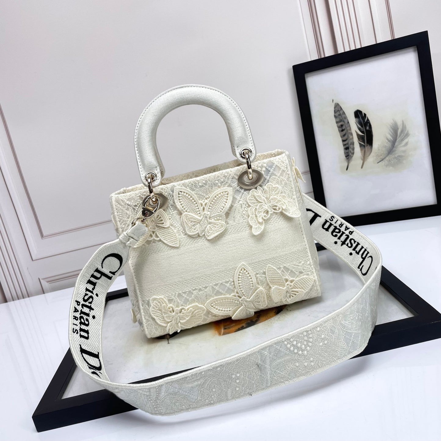 Christian Dior Lady D-Lite Medium Bag - White Butterfly Embroidery
